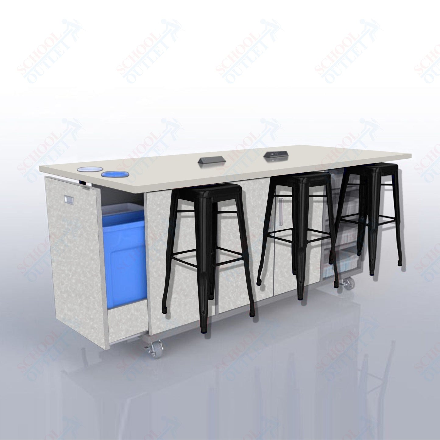 CEF ED Original Table 42"H High Pressure Laminate Top, Laminate Base with  6 Stools, Storage Bins, Trash Bins, and Electrical Outlets Included.