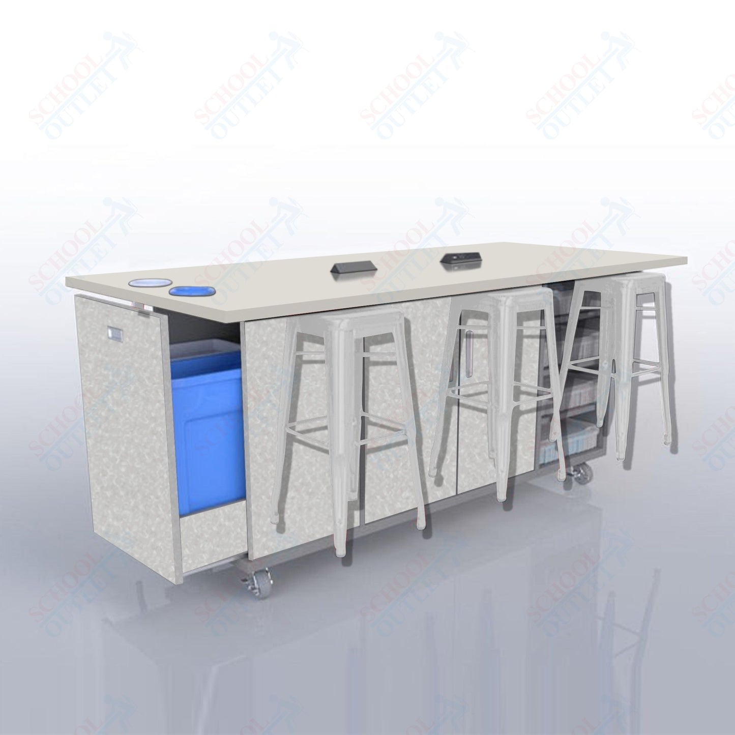 CEF ED Original Table 42"H High Pressure Laminate Top, Laminate Base with  6 Stools, Storage Bins, Trash Bins, and Electrical Outlets Included.