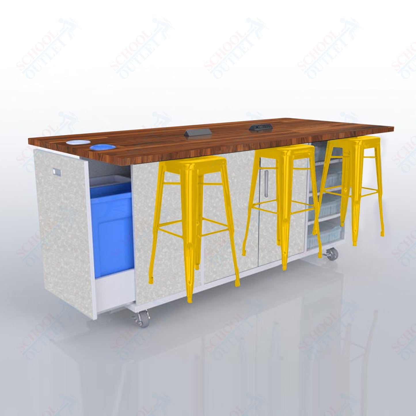 CEF ED Original Table 42"H Butcher Block Top, Laminate Base with  6 Stools, Storage Bins, Trash Bins, and Electrical Outlets Included.