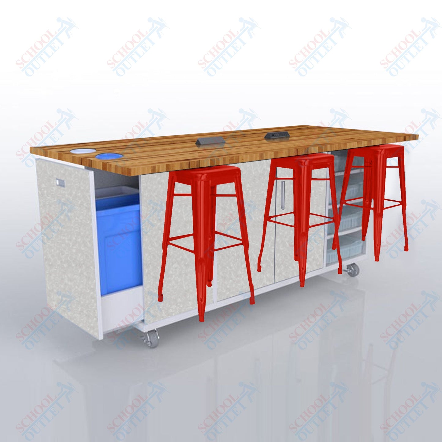 CEF ED Original Table 42"H Butcher Block Top, Laminate Base with  6 Stools, Storage Bins, Trash Bins, and Electrical Outlets Included.