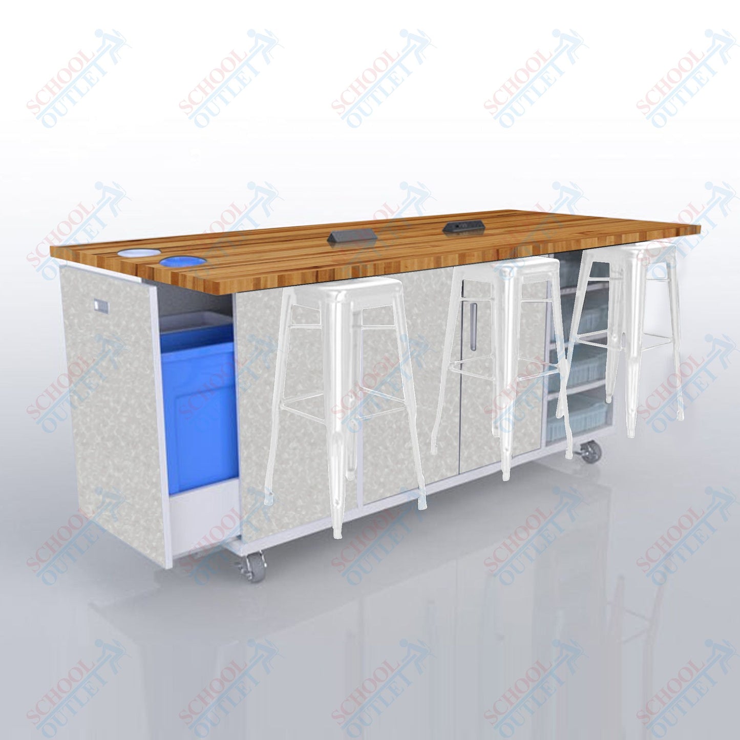 CEF ED Original Table 42"H Butcher Block Top, Laminate Base with  6 Stools, Storage Bins, Trash Bins, and Electrical Outlets Included.