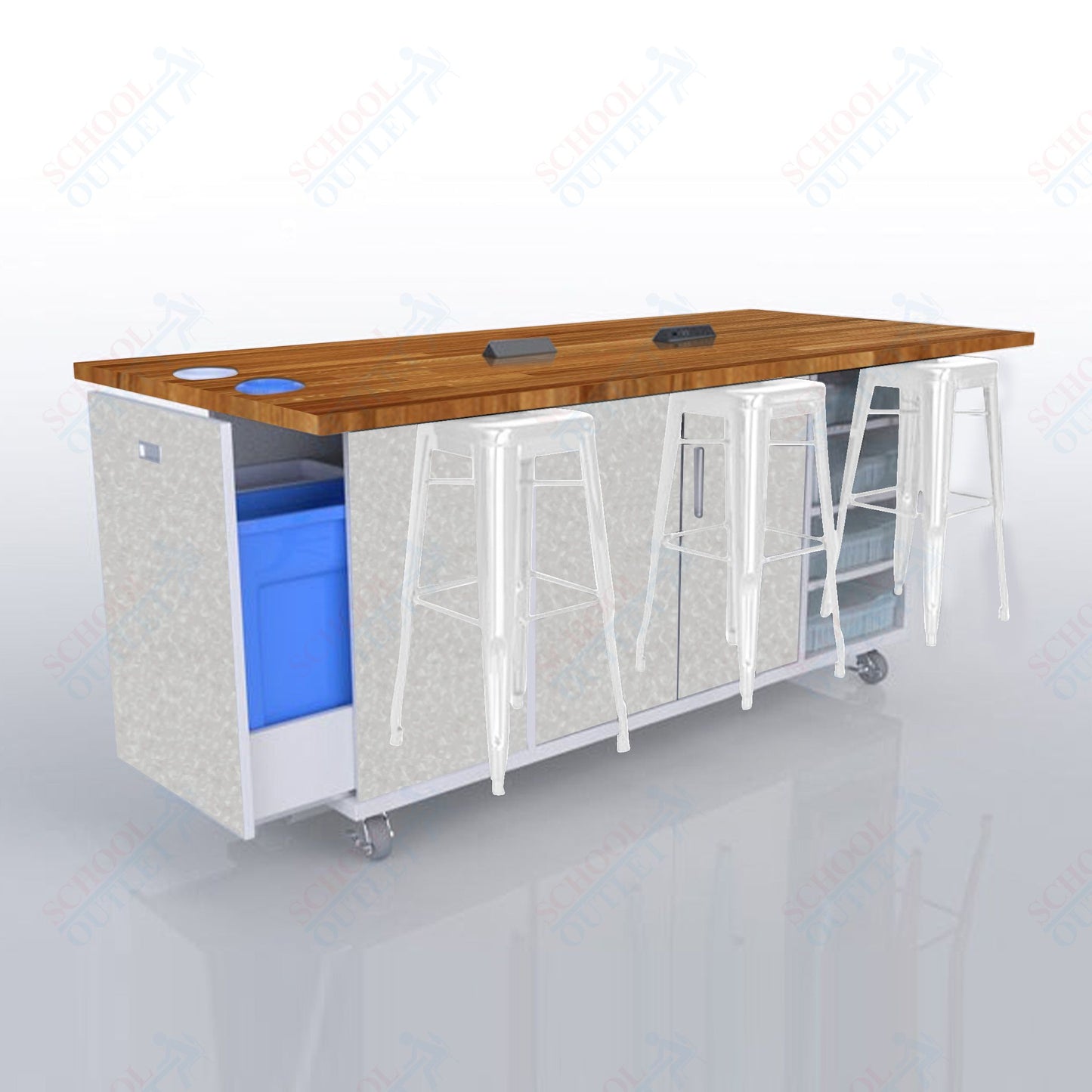 CEF ED Original Table 42"H Butcher Block Top, Laminate Base with  6 Stools, Storage Bins, Trash Bins, and Electrical Outlets Included.