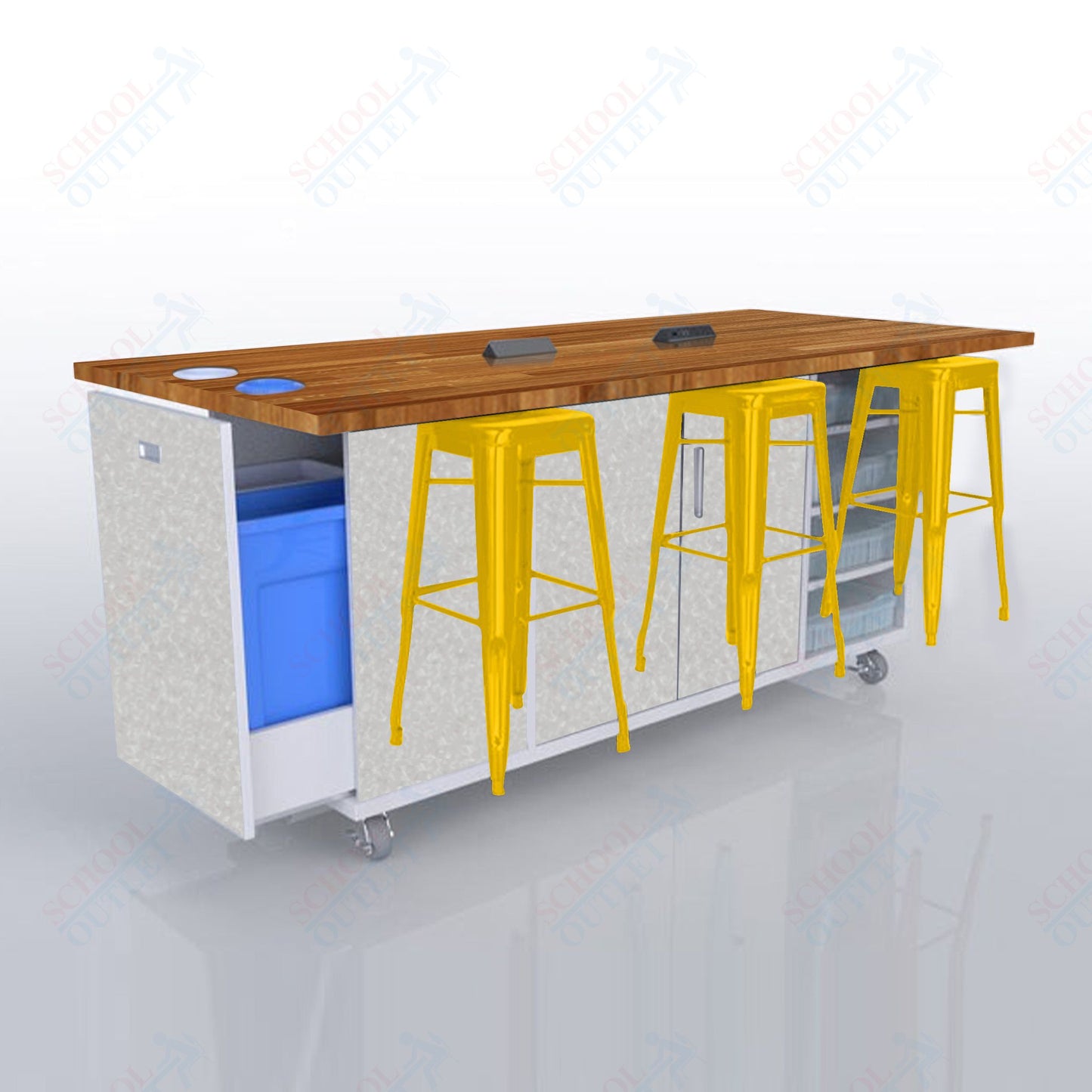 CEF ED Original Table 42"H Butcher Block Top, Laminate Base with  6 Stools, Storage Bins, Trash Bins, and Electrical Outlets Included.