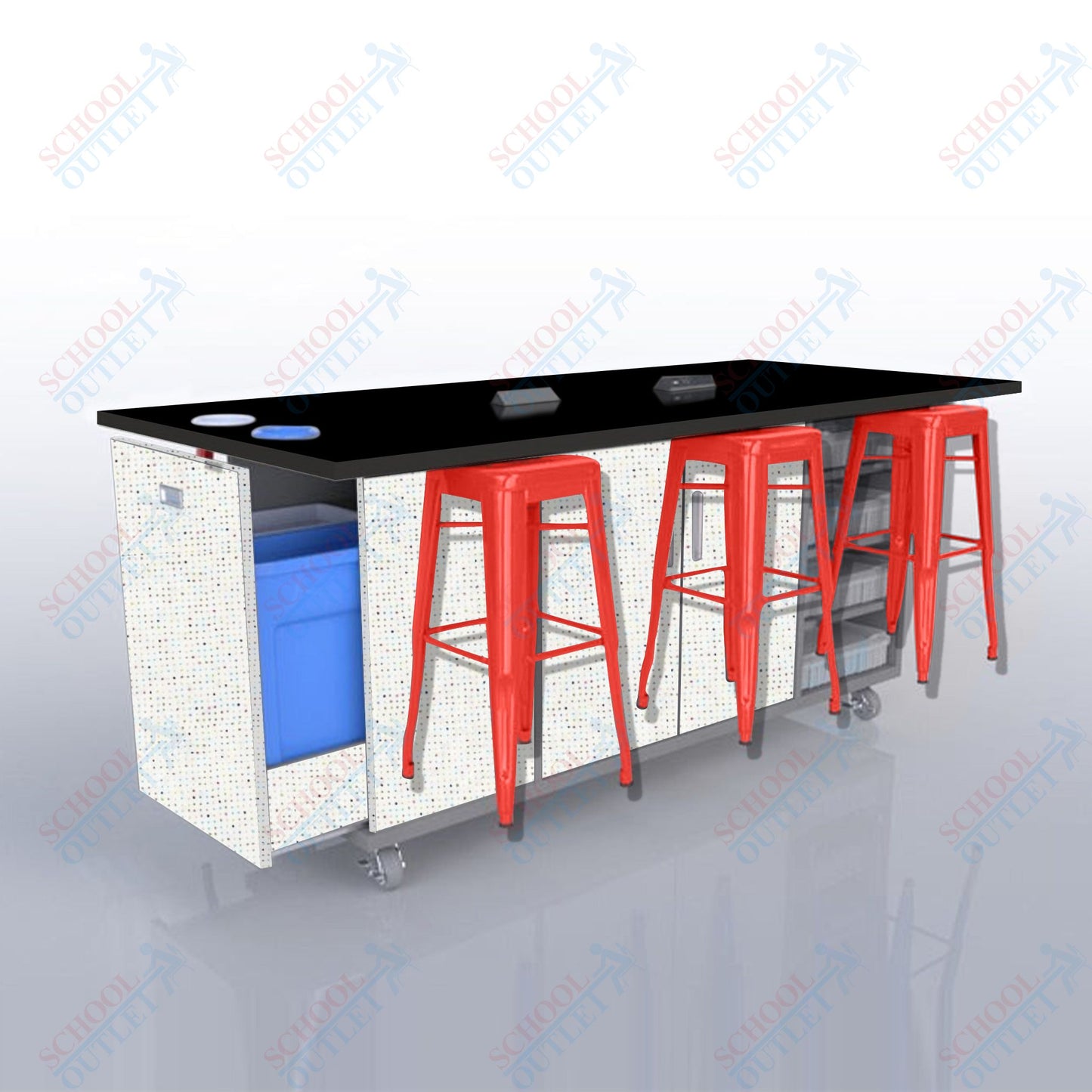 CEF ED Original Table 42"H High Pressure Laminate Top, Laminate Base with  6 Stools, Storage Bins, Trash Bins, and Electrical Outlets Included.