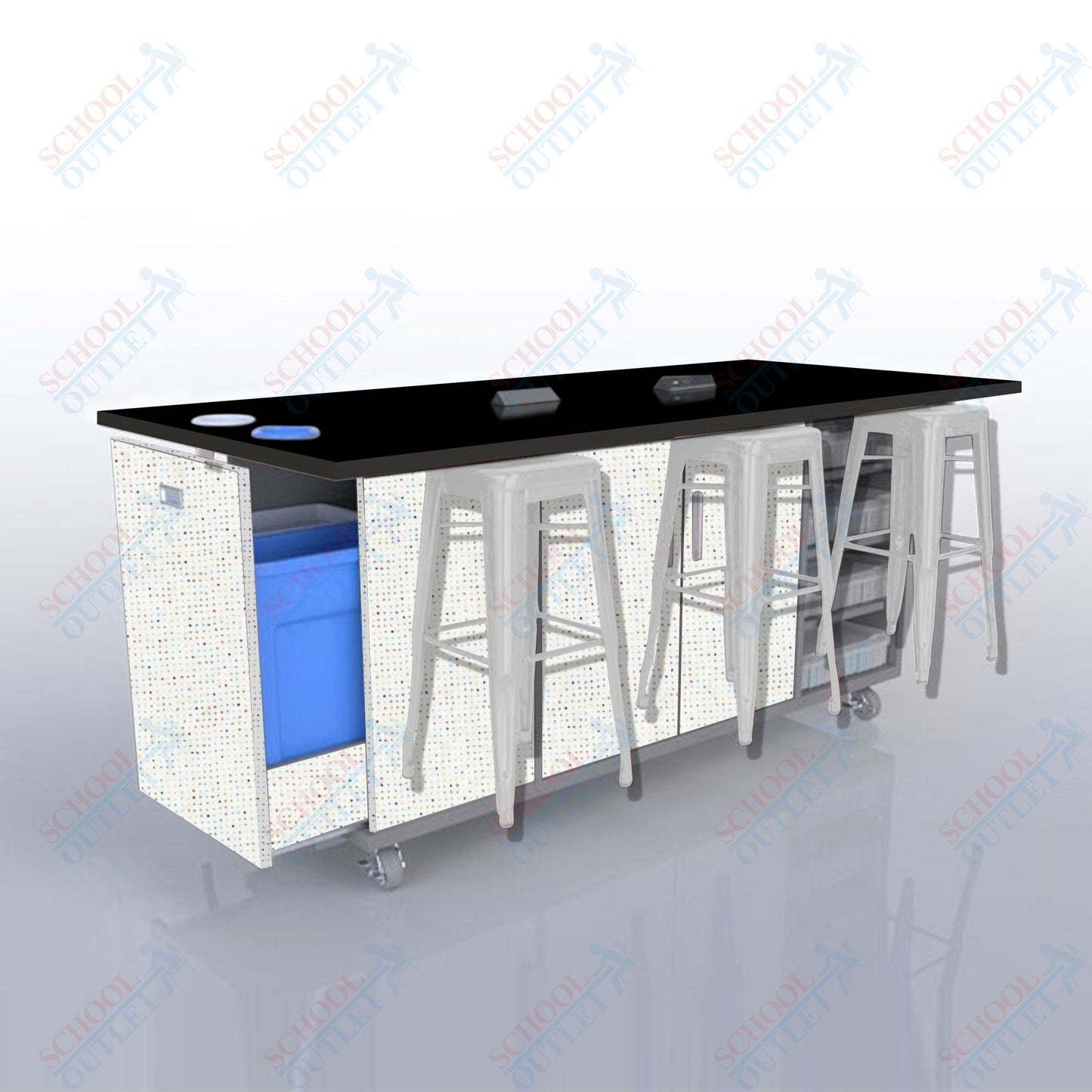 CEF ED Original Table 42"H High Pressure Laminate Top, Laminate Base with  6 Stools, Storage Bins, Trash Bins, and Electrical Outlets Included.