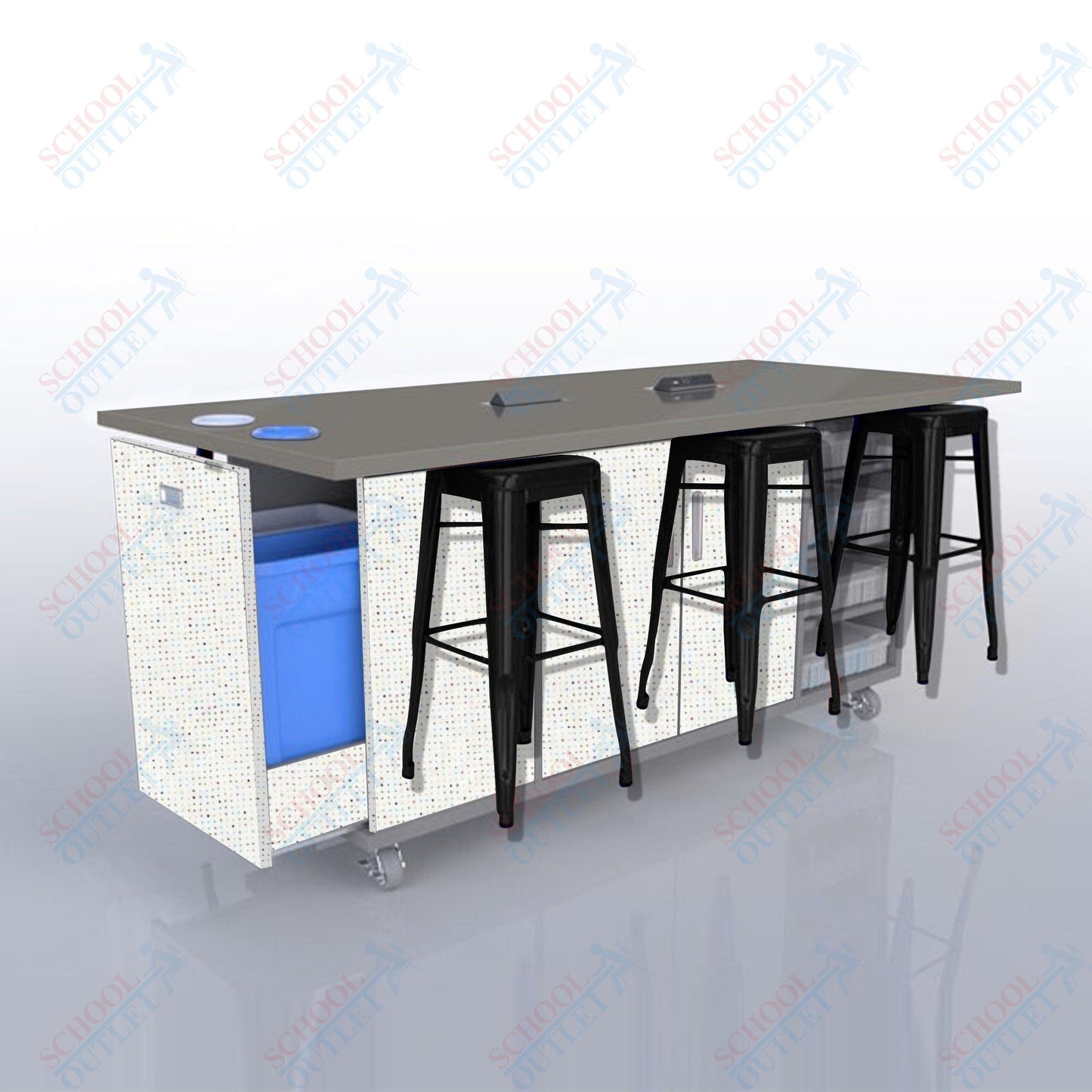 CEF ED Original Table 42"H High Pressure Laminate Top, Laminate Base with  6 Stools, Storage Bins, Trash Bins, and Electrical Outlets Included.