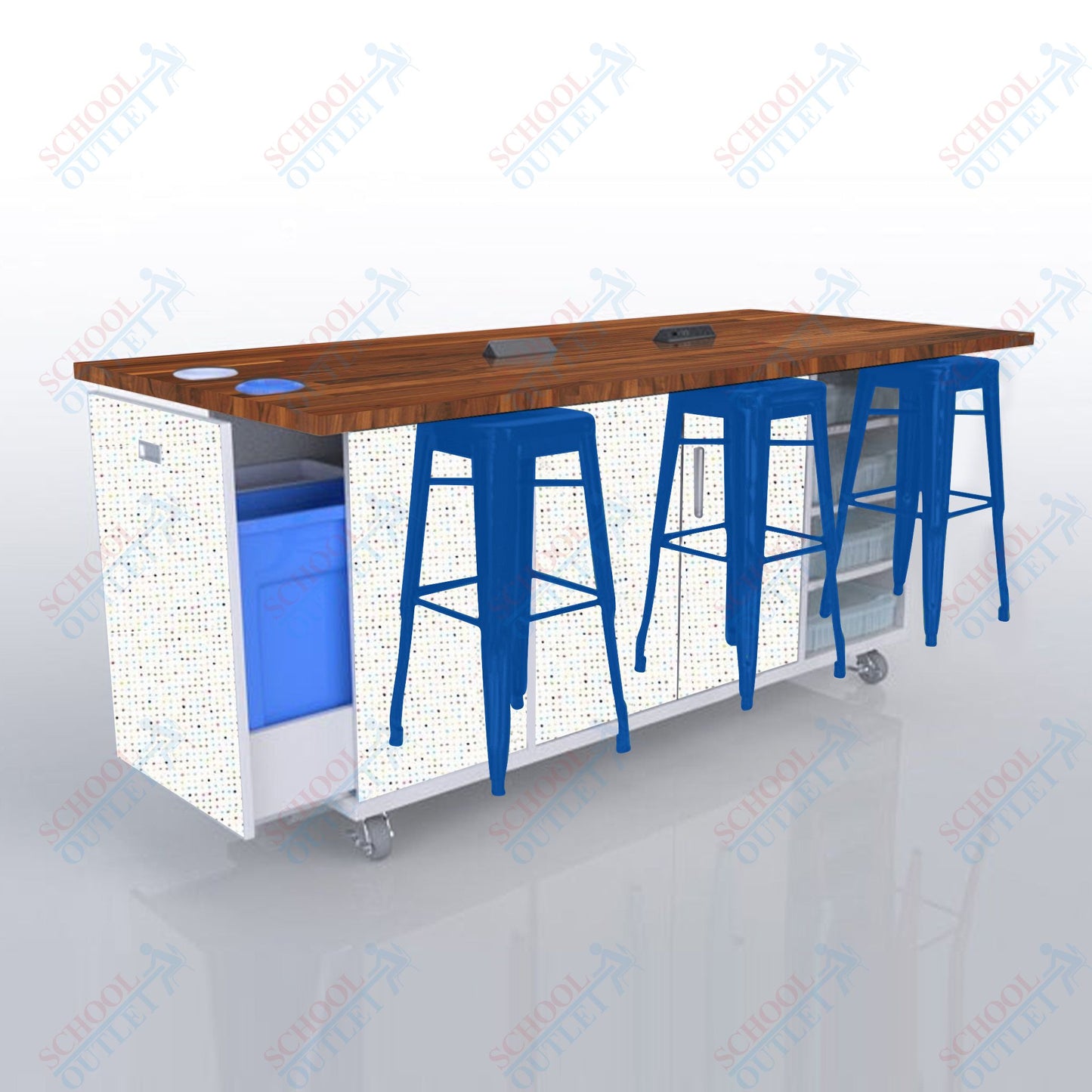 CEF ED Original Table 42"H Butcher Block Top, Laminate Base with  6 Stools, Storage Bins, Trash Bins, and Electrical Outlets Included.