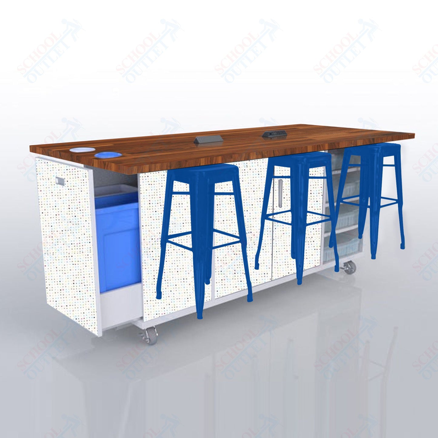 CEF ED Original Table 42"H Butcher Block Top, Laminate Base with  6 Stools, Storage Bins, Trash Bins, and Electrical Outlets Included.