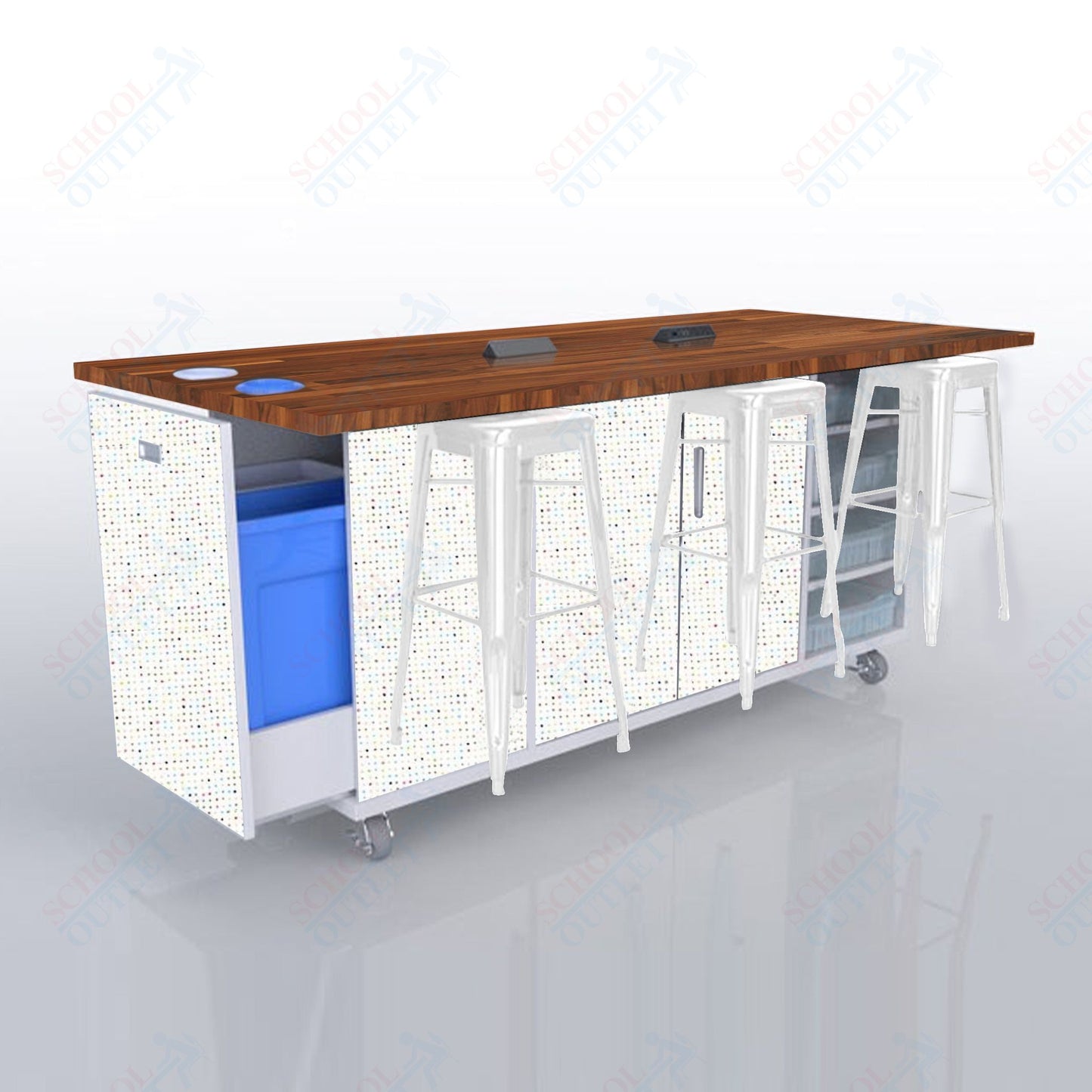 CEF ED Original Table 42"H Butcher Block Top, Laminate Base with  6 Stools, Storage Bins, Trash Bins, and Electrical Outlets Included.