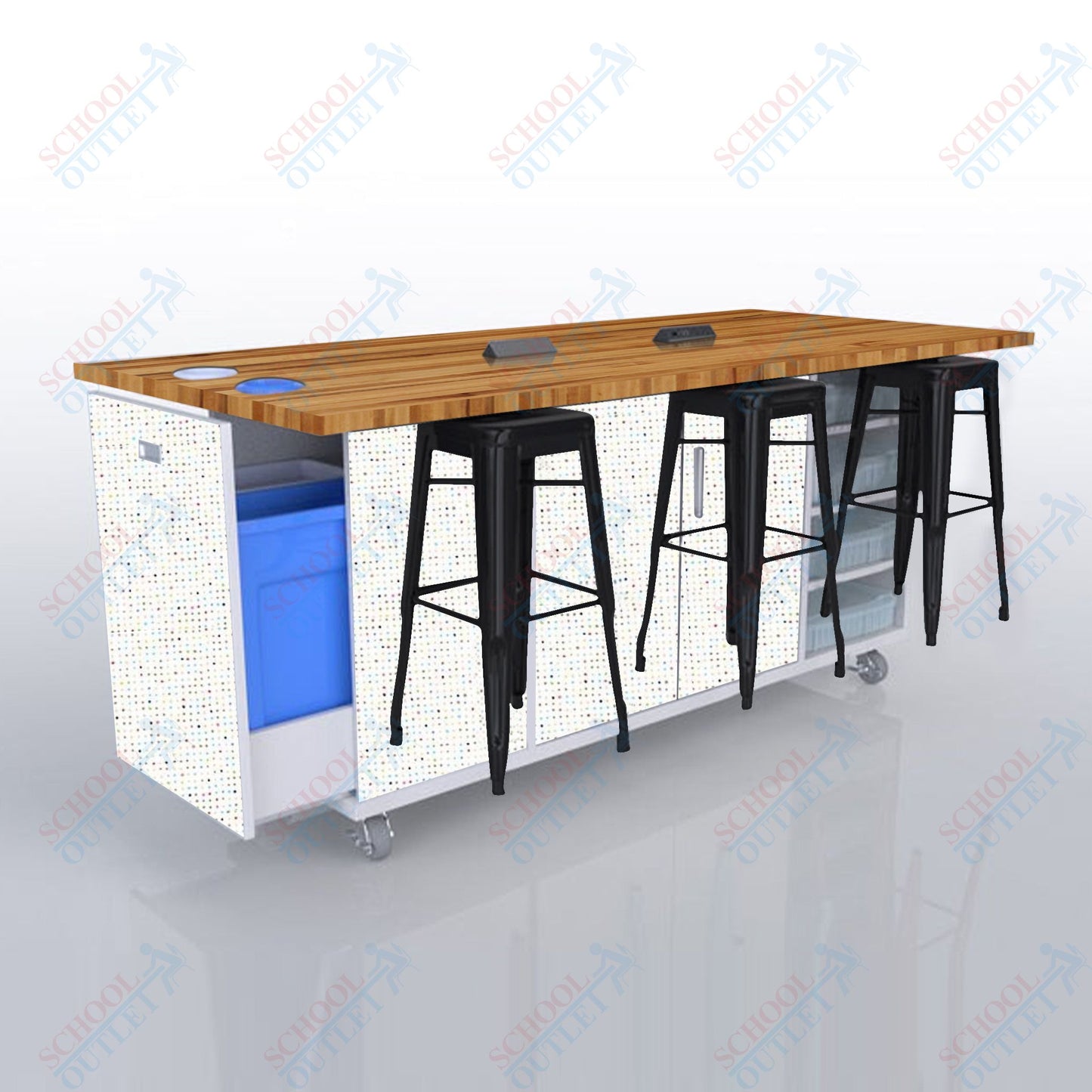 CEF ED Original Table 42"H Butcher Block Top, Laminate Base with  6 Stools, Storage Bins, Trash Bins, and Electrical Outlets Included.