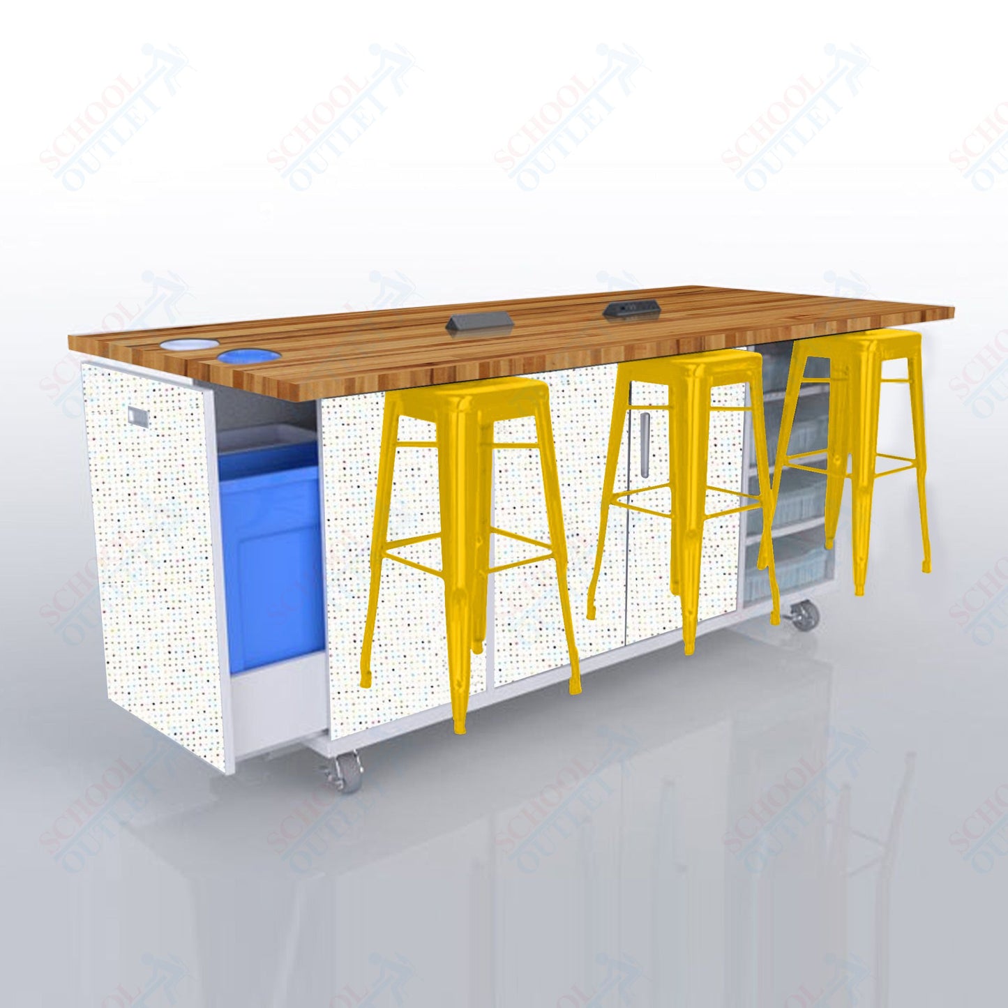 CEF ED Original Table 42"H Butcher Block Top, Laminate Base with  6 Stools, Storage Bins, Trash Bins, and Electrical Outlets Included.