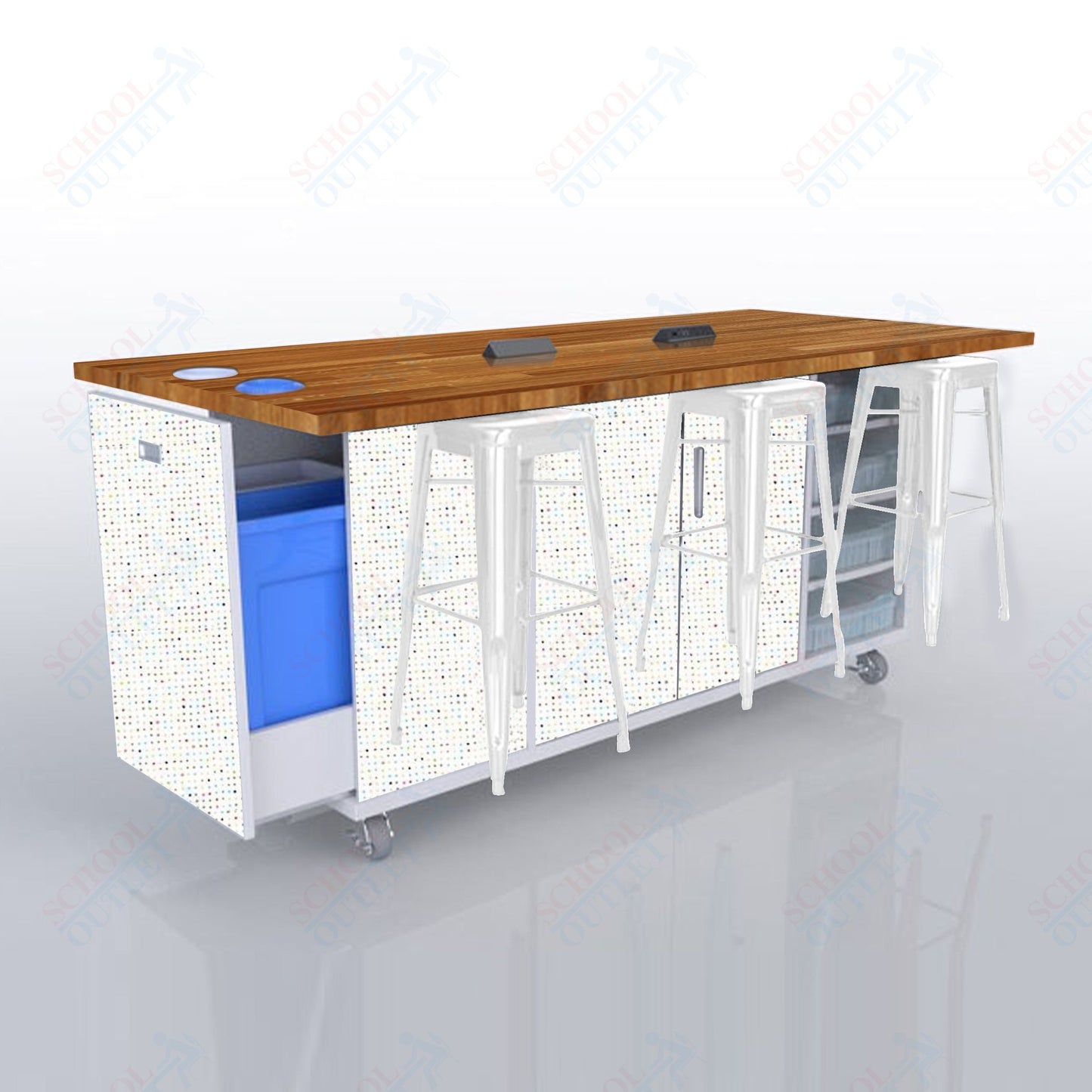 CEF ED Original Table 42"H Butcher Block Top, Laminate Base with  6 Stools, Storage Bins, Trash Bins, and Electrical Outlets Included.