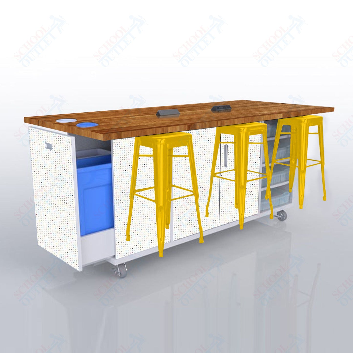 CEF ED Original Table 42"H Butcher Block Top, Laminate Base with  6 Stools, Storage Bins, Trash Bins, and Electrical Outlets Included.