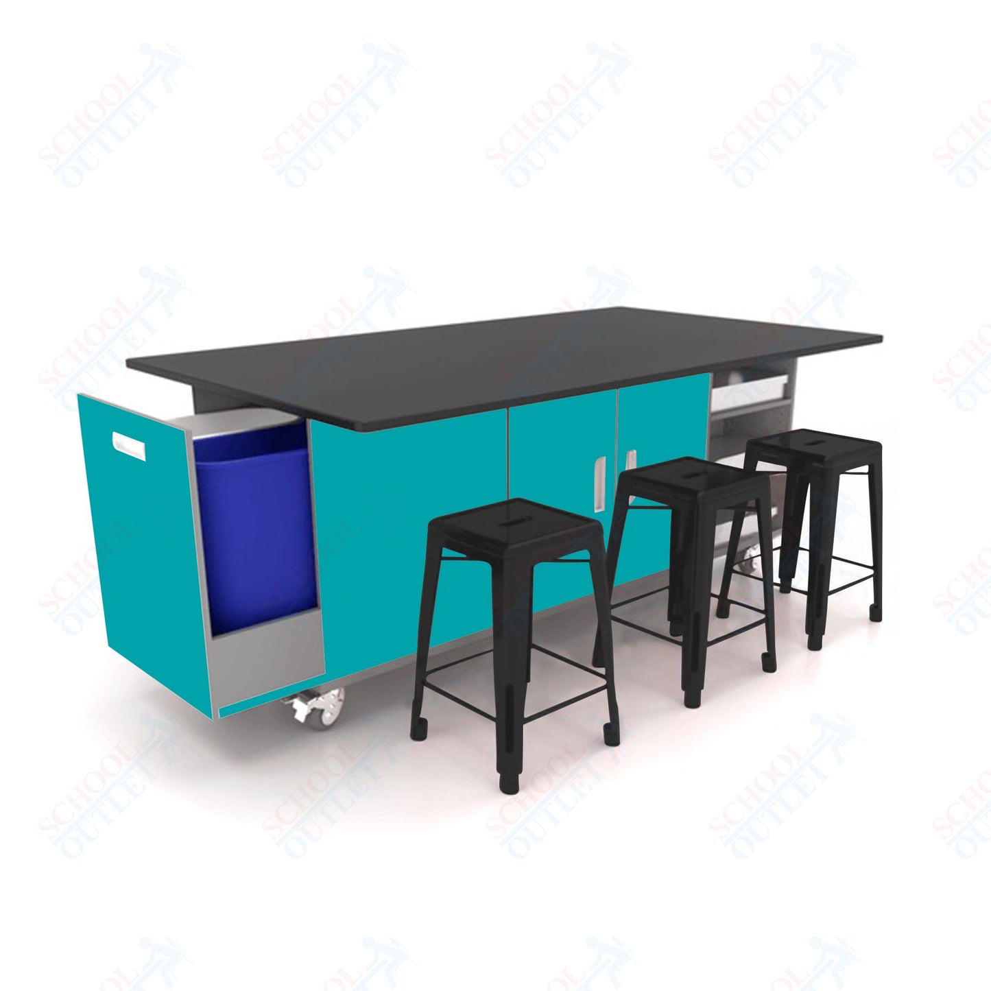 CEF ED Original Table 42"H Chemical Resistant Top, Laminate Base with  6 Stools, Storage Bins, Trash Bins, and Electrical Outlets Included.