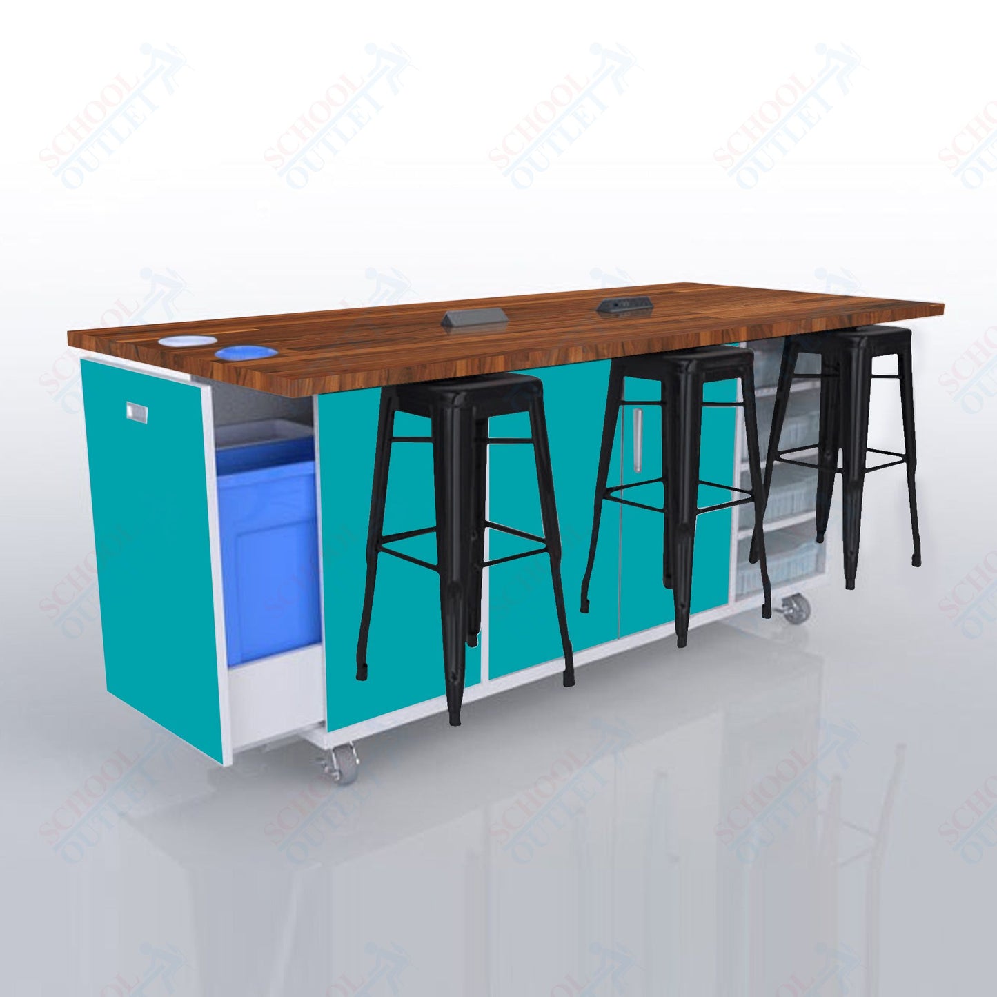 CEF ED Original Table 42"H Butcher Block Top, Laminate Base with  6 Stools, Storage Bins, Trash Bins, and Electrical Outlets Included.