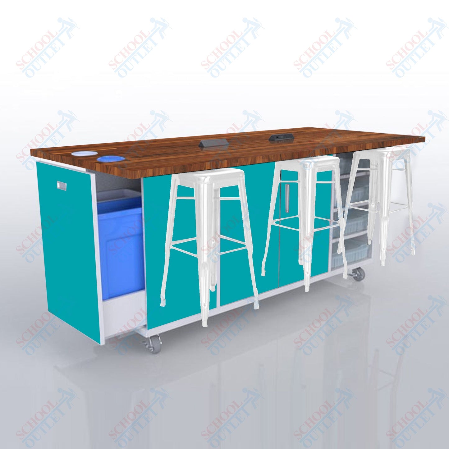 CEF ED Original Table 42"H Butcher Block Top, Laminate Base with  6 Stools, Storage Bins, Trash Bins, and Electrical Outlets Included.