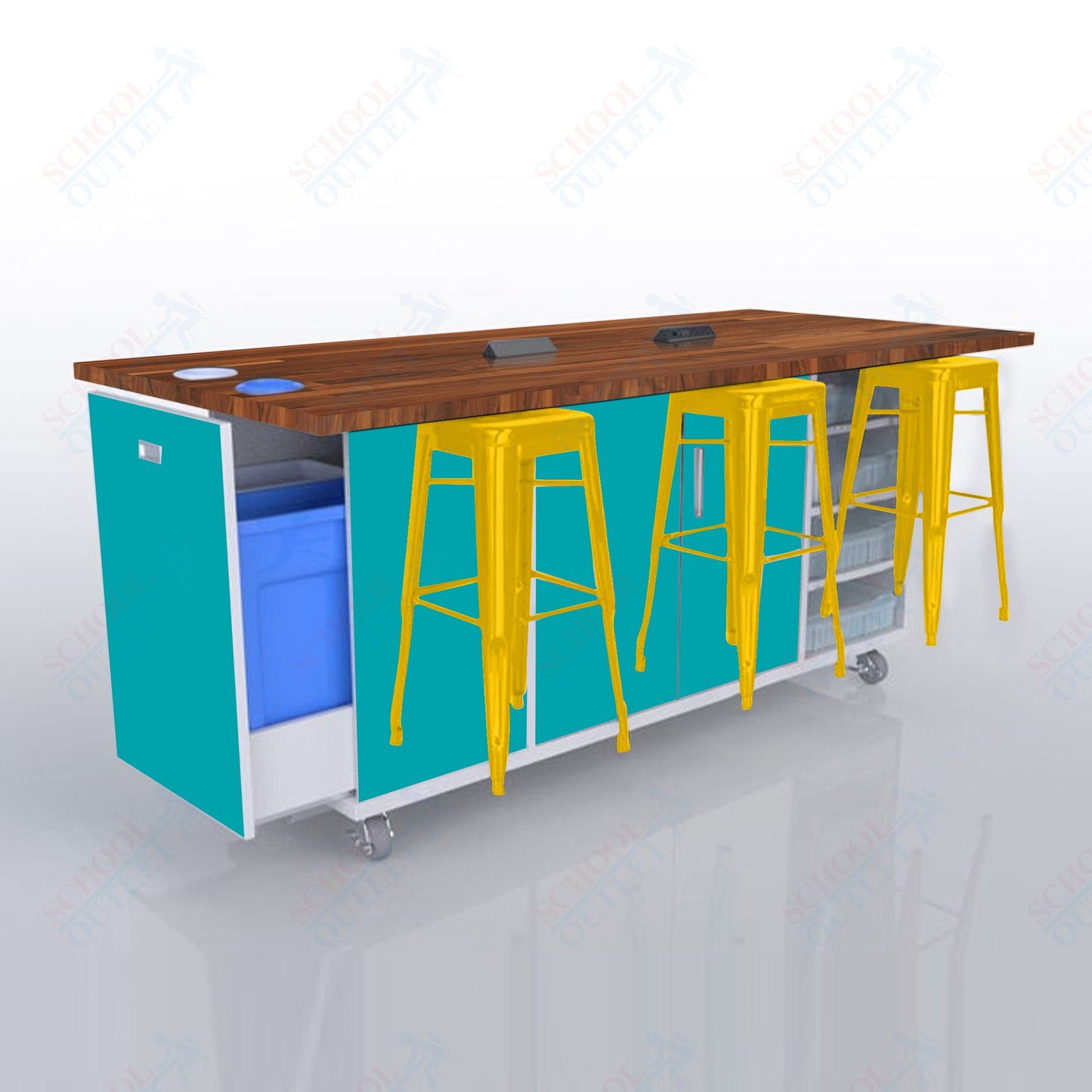 CEF ED Original Table 42"H Butcher Block Top, Laminate Base with  6 Stools, Storage Bins, Trash Bins, and Electrical Outlets Included.