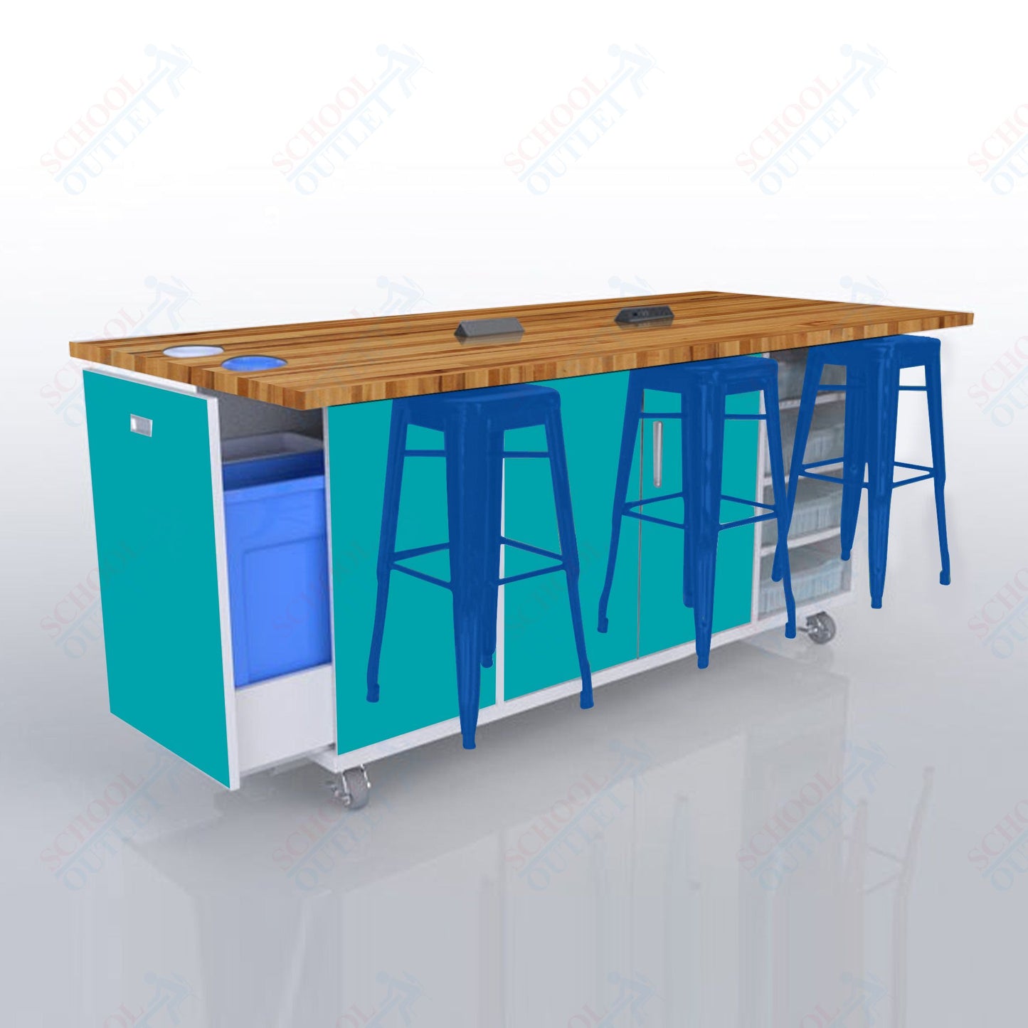 CEF ED Original Table 42"H Butcher Block Top, Laminate Base with  6 Stools, Storage Bins, Trash Bins, and Electrical Outlets Included.