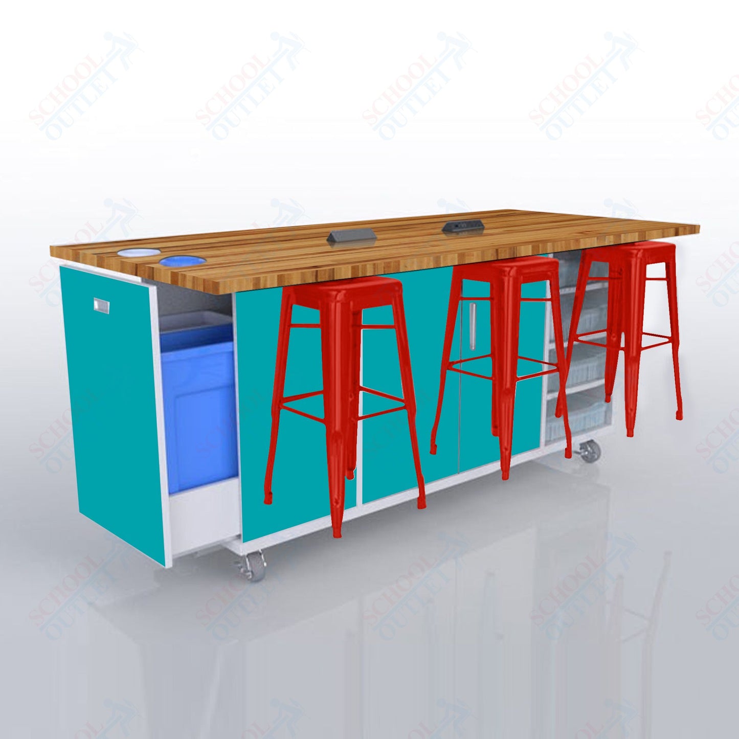 CEF ED Original Table 42"H Butcher Block Top, Laminate Base with  6 Stools, Storage Bins, Trash Bins, and Electrical Outlets Included.