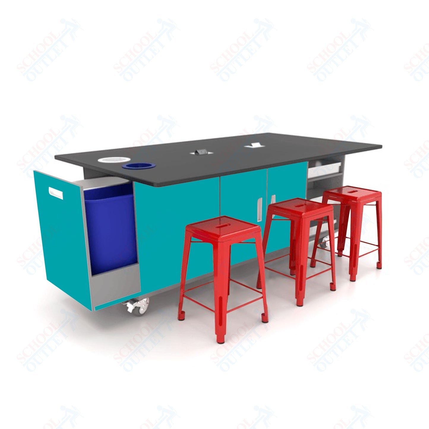 CEF ED Original Table 42"H Tough Top, Laminate Base with 6 Stools, Storage Bins, Trash Bins, and Electrical Outlets Included. - SchoolOutlet