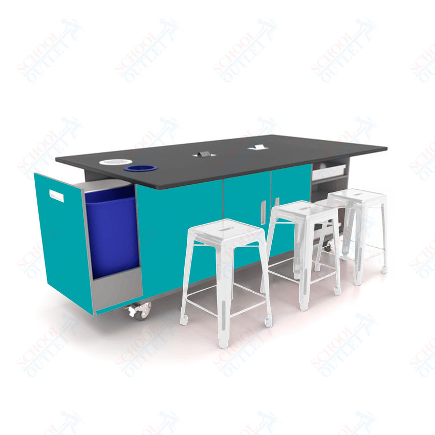 CEF ED Original Table 42"H Tough Top, Laminate Base with 6 Stools, Storage Bins, Trash Bins, and Electrical Outlets Included. - SchoolOutlet