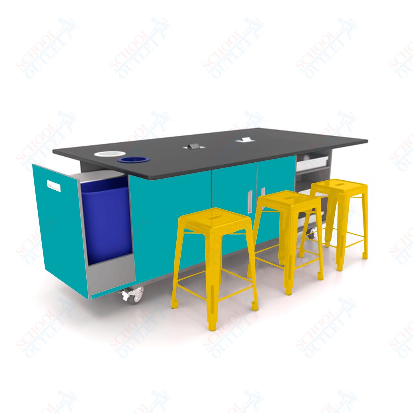 CEF ED Original Table 42"H Tough Top, Laminate Base with 6 Stools, Storage Bins, Trash Bins, and Electrical Outlets Included. - SchoolOutlet