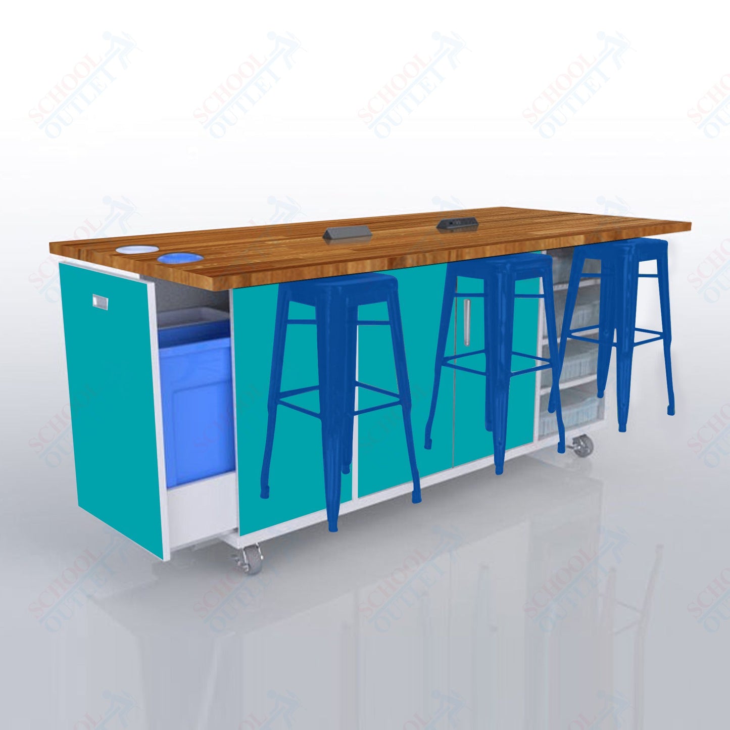 CEF ED Original Table 42"H Butcher Block Top, Laminate Base with  6 Stools, Storage Bins, Trash Bins, and Electrical Outlets Included.