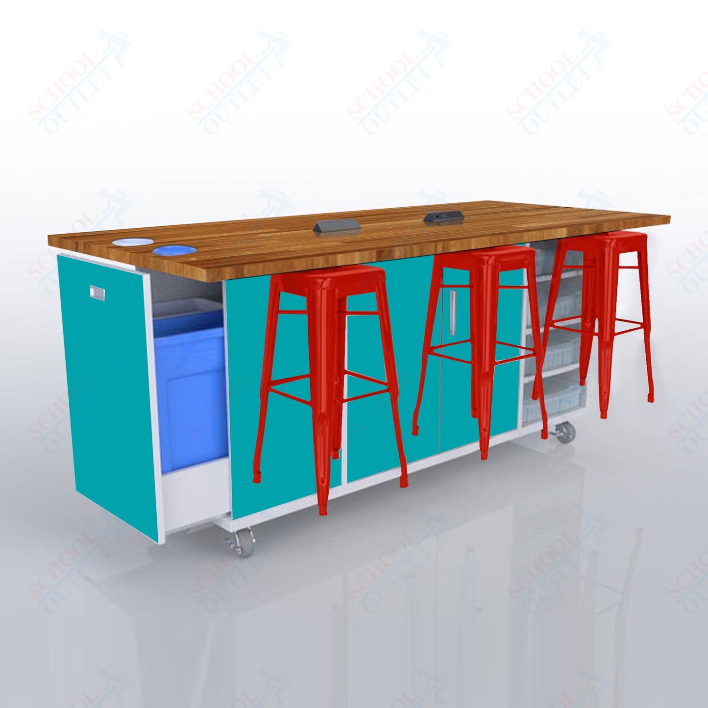 CEF ED Original Table 42"H Butcher Block Top, Laminate Base with  6 Stools, Storage Bins, Trash Bins, and Electrical Outlets Included.