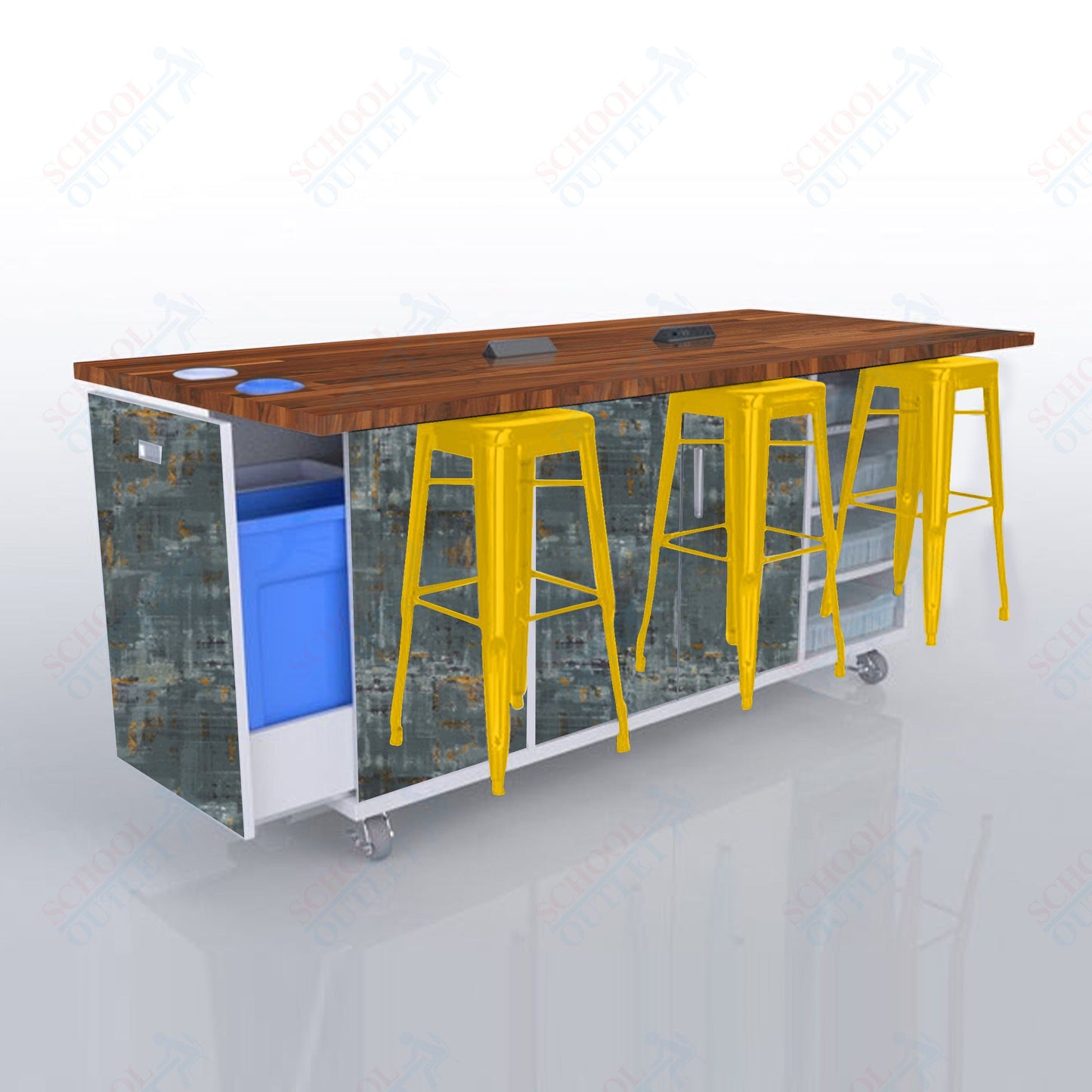 CEF ED Original Table 42"H Butcher Block Top, Laminate Base with  6 Stools, Storage Bins, Trash Bins, and Electrical Outlets Included.