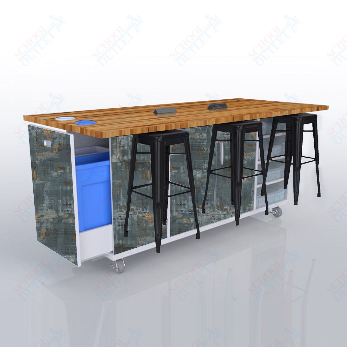 CEF ED Original Table 42"H Butcher Block Top, Laminate Base with  6 Stools, Storage Bins, Trash Bins, and Electrical Outlets Included.