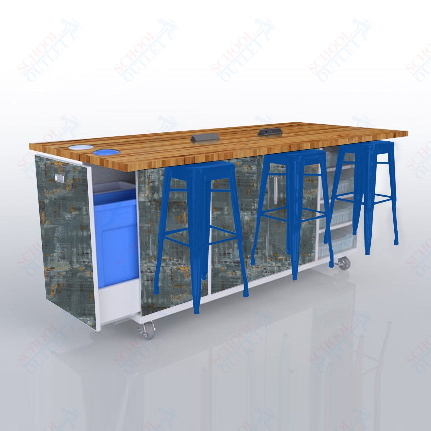 CEF ED Original Table 42"H Butcher Block Top, Laminate Base with  6 Stools, Storage Bins, Trash Bins, and Electrical Outlets Included.