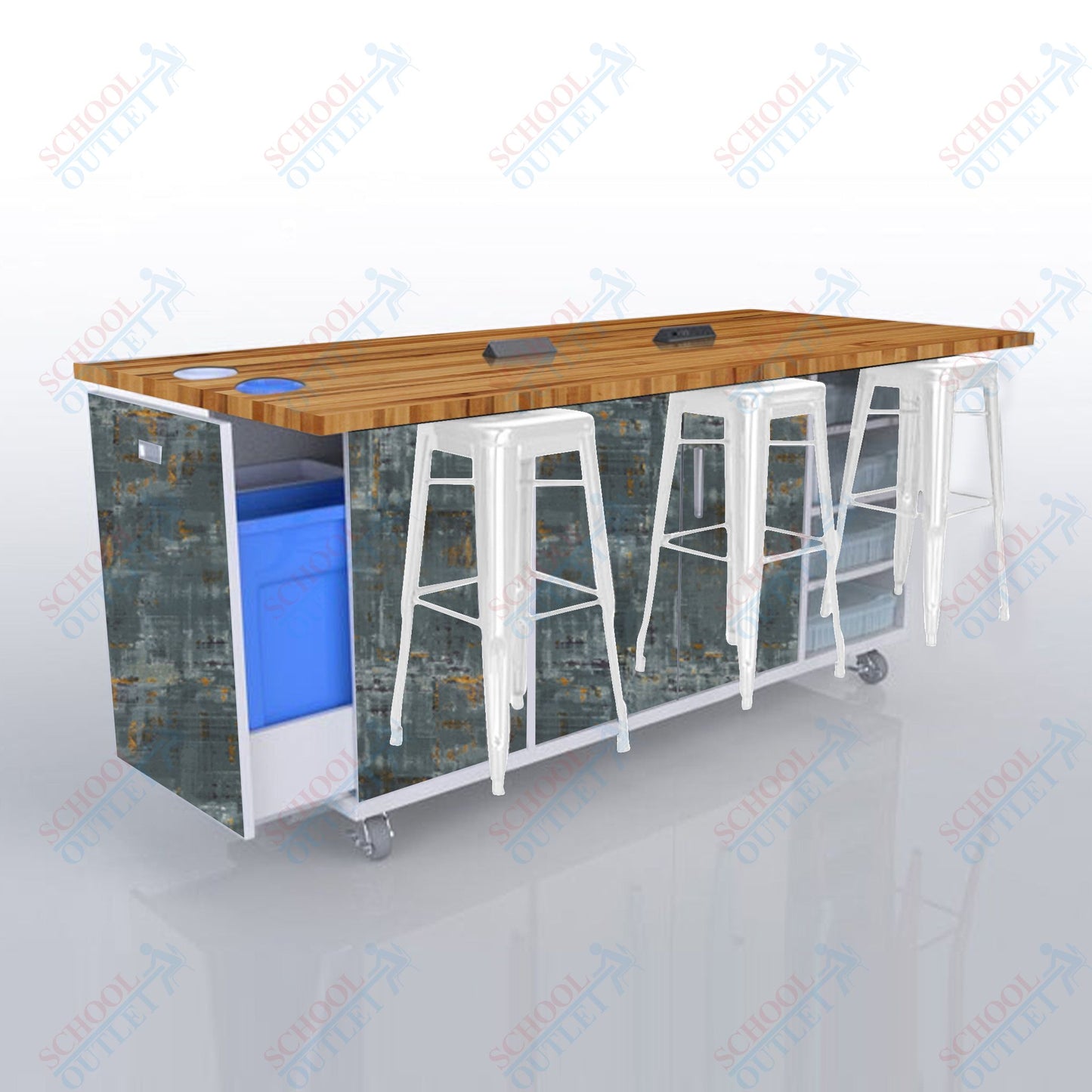 CEF ED Original Table 42"H Butcher Block Top, Laminate Base with  6 Stools, Storage Bins, Trash Bins, and Electrical Outlets Included.