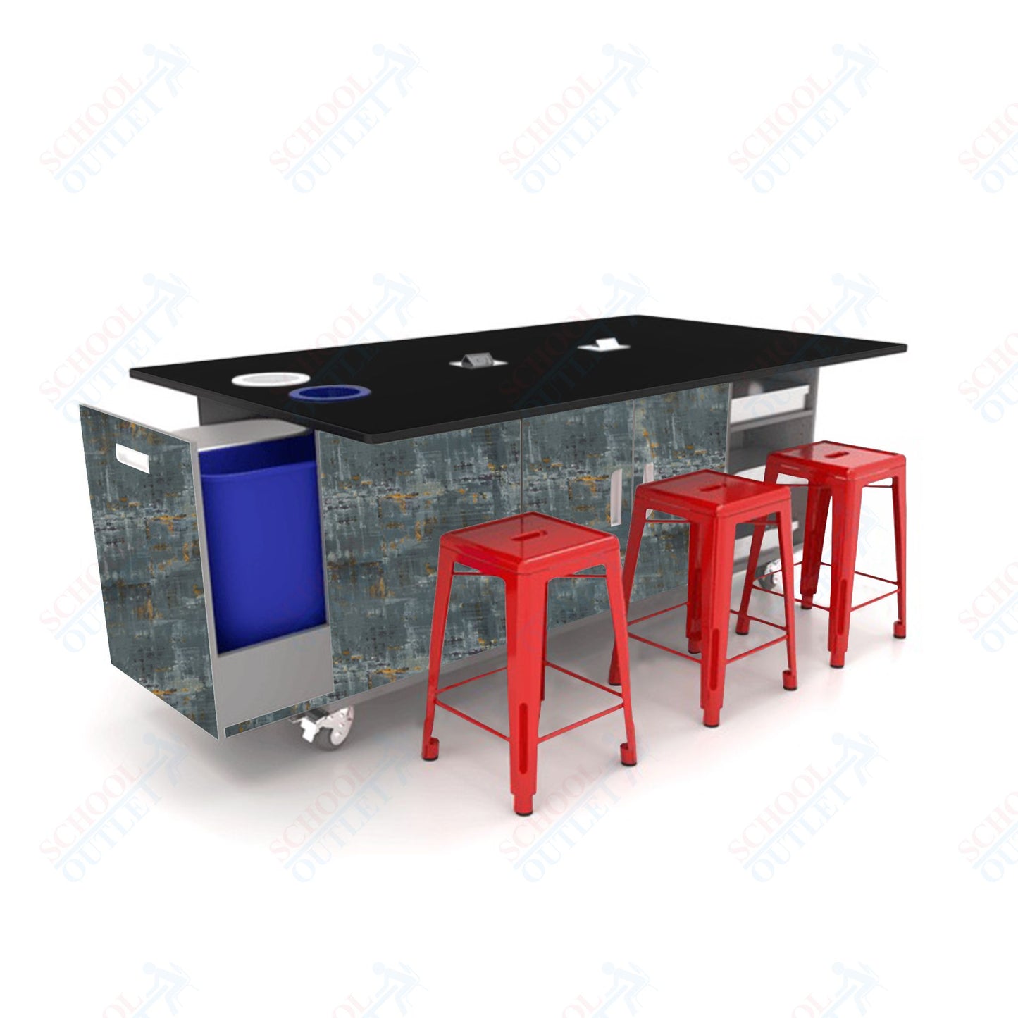 CEF ED Original Table 42"H Tough Top, Laminate Base with 6 Stools, Storage Bins, Trash Bins, and Electrical Outlets Included. - SchoolOutlet