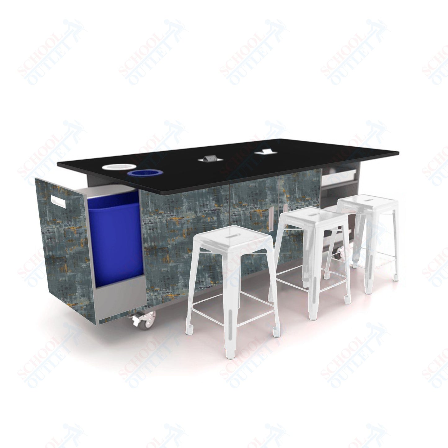 CEF ED Original Table 42"H Tough Top, Laminate Base with 6 Stools, Storage Bins, Trash Bins, and Electrical Outlets Included. - SchoolOutlet