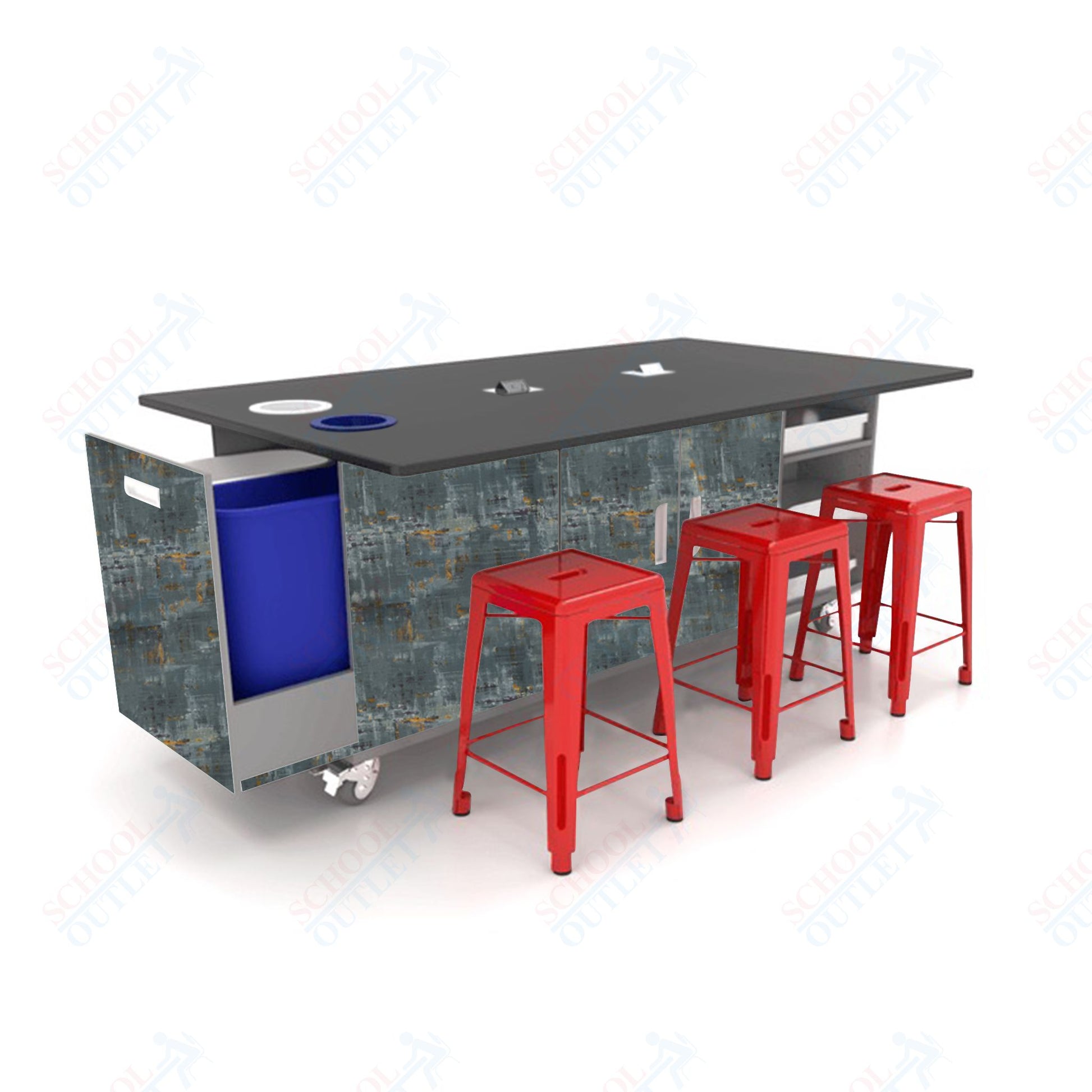 CEF ED Original Table 42"H Tough Top, Laminate Base with 6 Stools, Storage Bins, Trash Bins, and Electrical Outlets Included. - SchoolOutlet