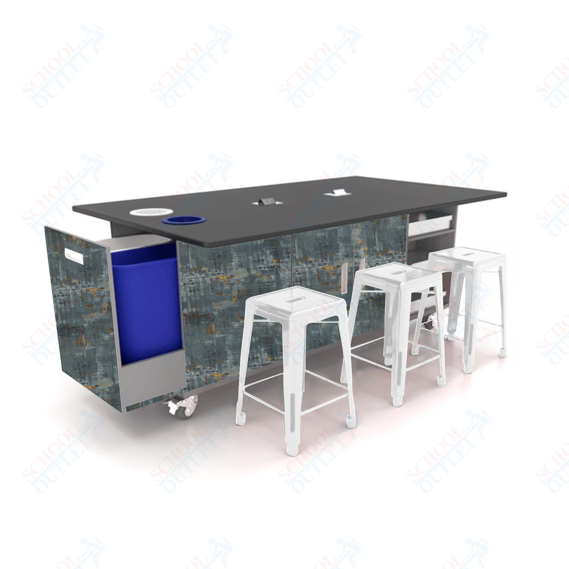 CEF ED Original Table 42"H Tough Top, Laminate Base with 6 Stools, Storage Bins, Trash Bins, and Electrical Outlets Included. - SchoolOutlet