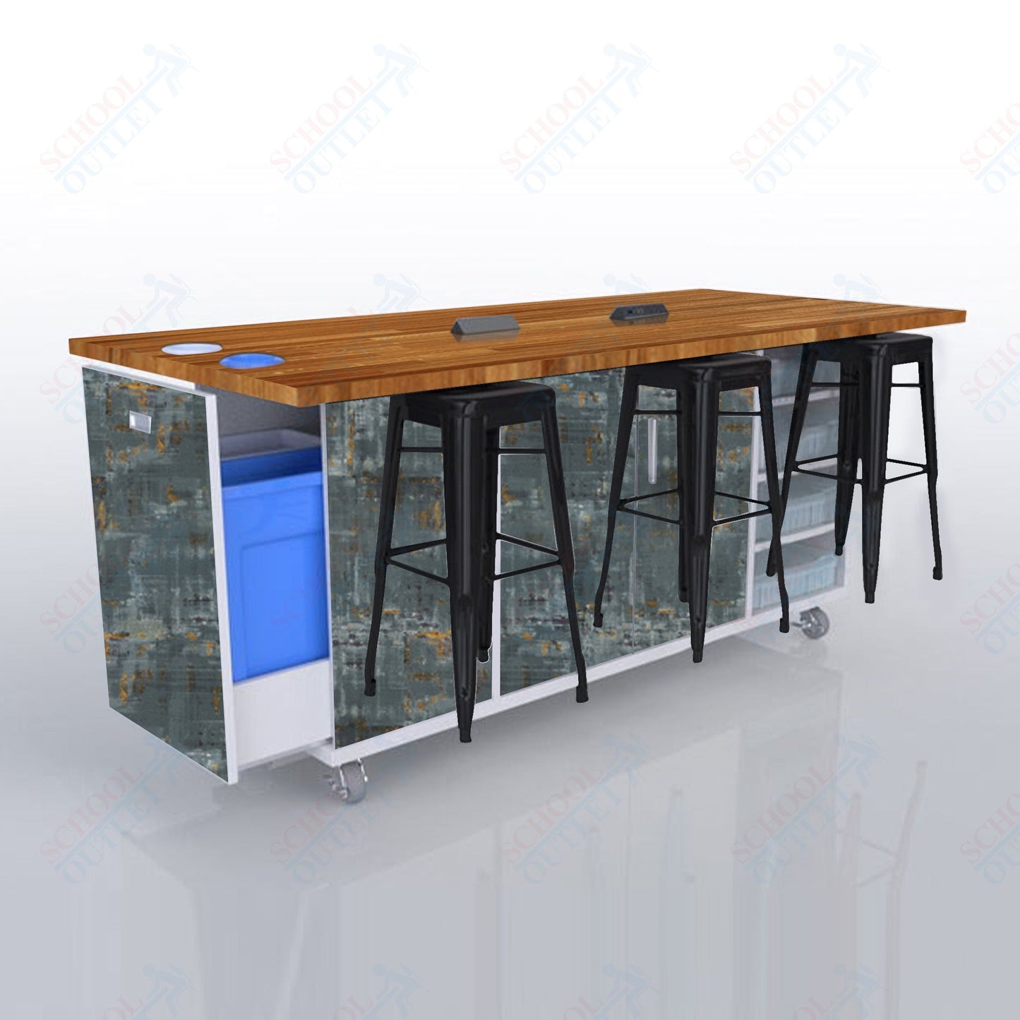 CEF ED Original Table 42"H Butcher Block Top, Laminate Base with  6 Stools, Storage Bins, Trash Bins, and Electrical Outlets Included.