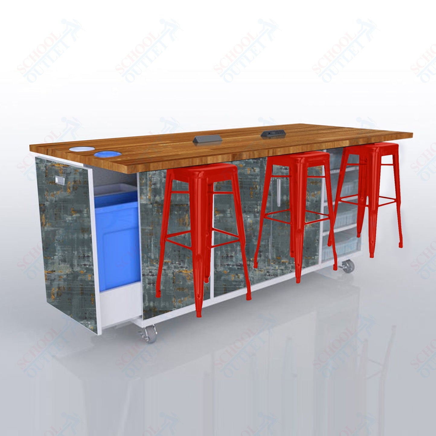 CEF ED Original Table 42"H Butcher Block Top, Laminate Base with  6 Stools, Storage Bins, Trash Bins, and Electrical Outlets Included.