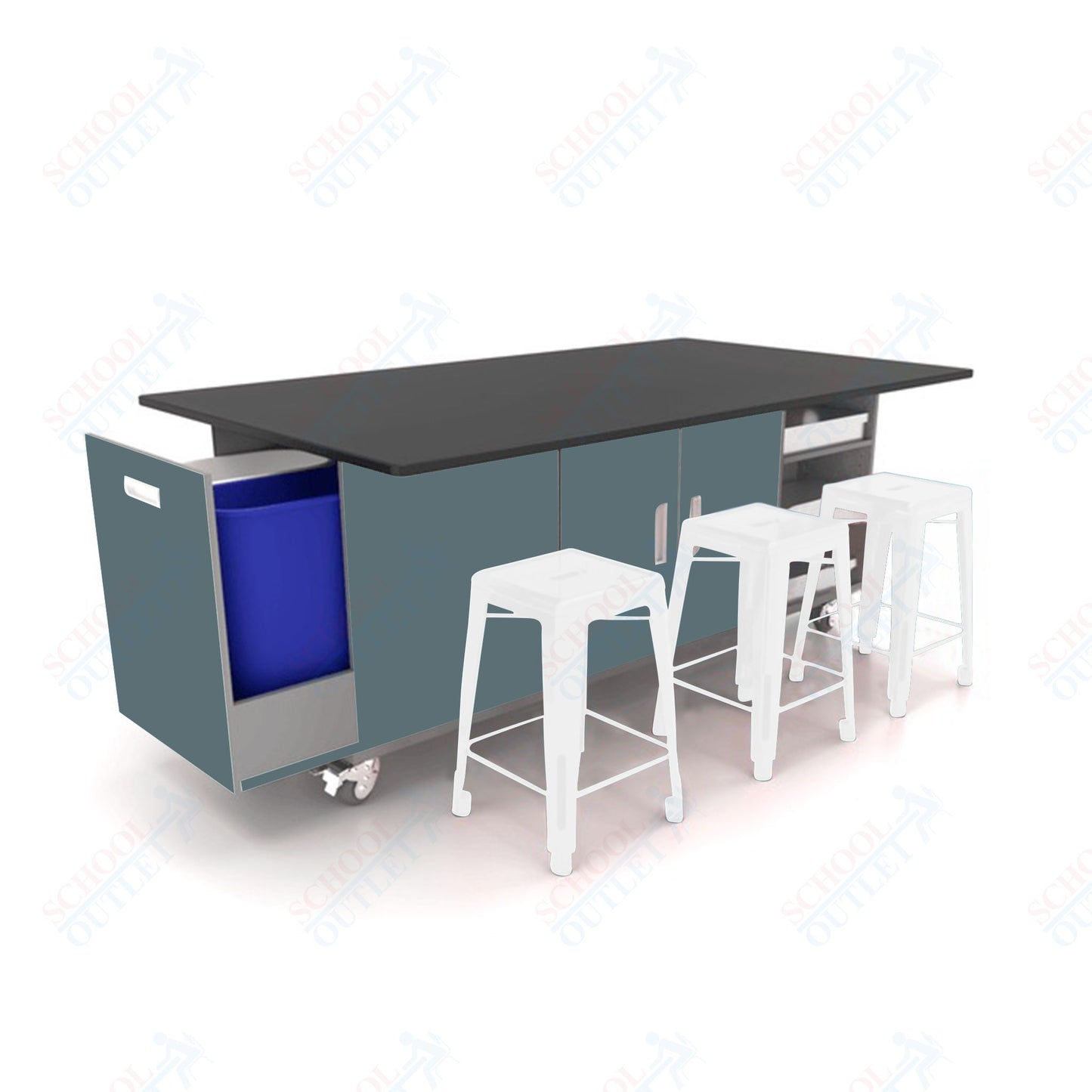 CEF ED Original Table 42"H Chemical Resistant Top, Laminate Base with  6 Stools, Storage Bins, Trash Bins, and Electrical Outlets Included.