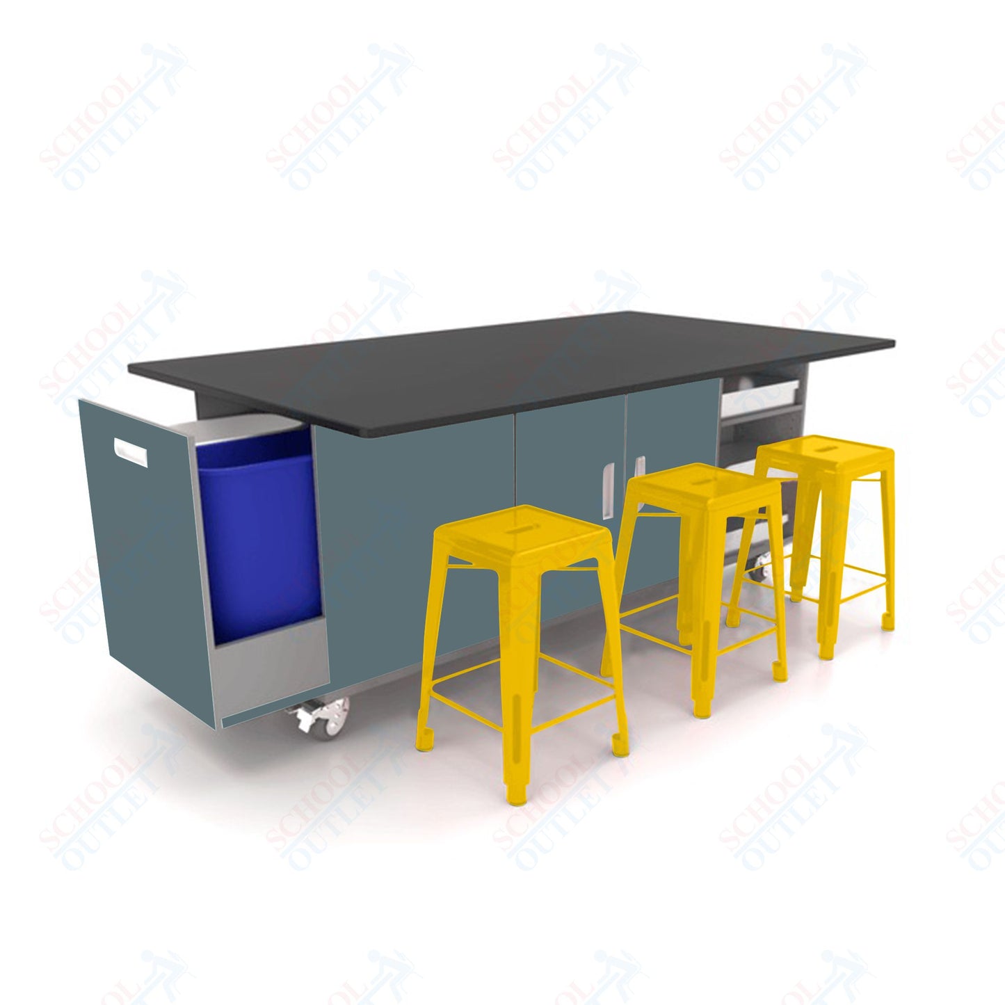 CEF ED Original Table 42"H Chemical Resistant Top, Laminate Base with  6 Stools, Storage Bins, Trash Bins, and Electrical Outlets Included.