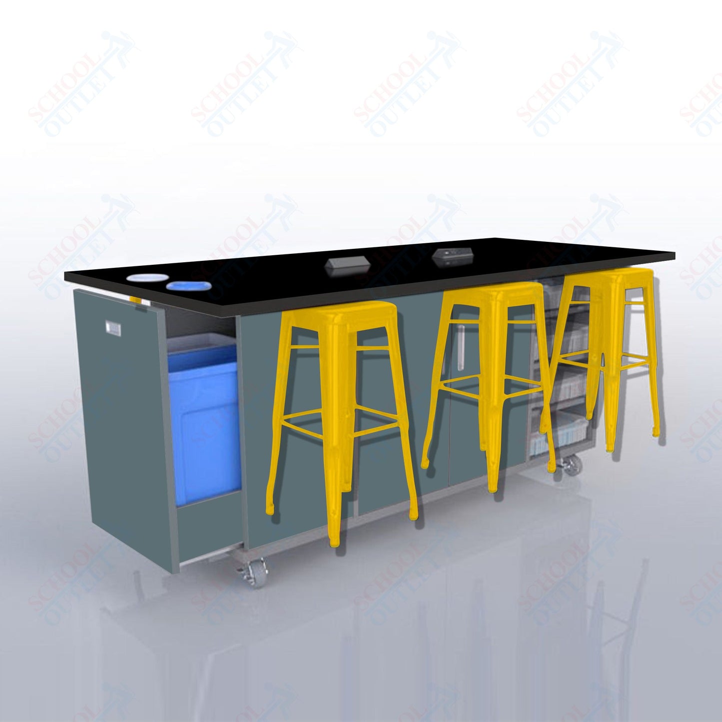 CEF ED Original Table 42"H High Pressure Laminate Top, Laminate Base with  6 Stools, Storage Bins, Trash Bins, and Electrical Outlets Included.