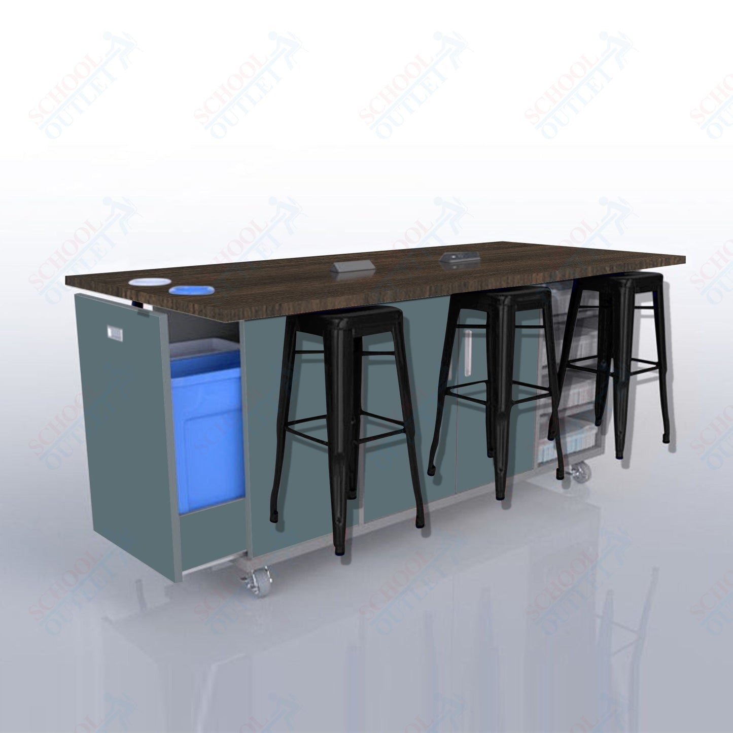 CEF ED Original Table 42"H High Pressure Laminate Top, Laminate Base with  6 Stools, Storage Bins, Trash Bins, and Electrical Outlets Included.