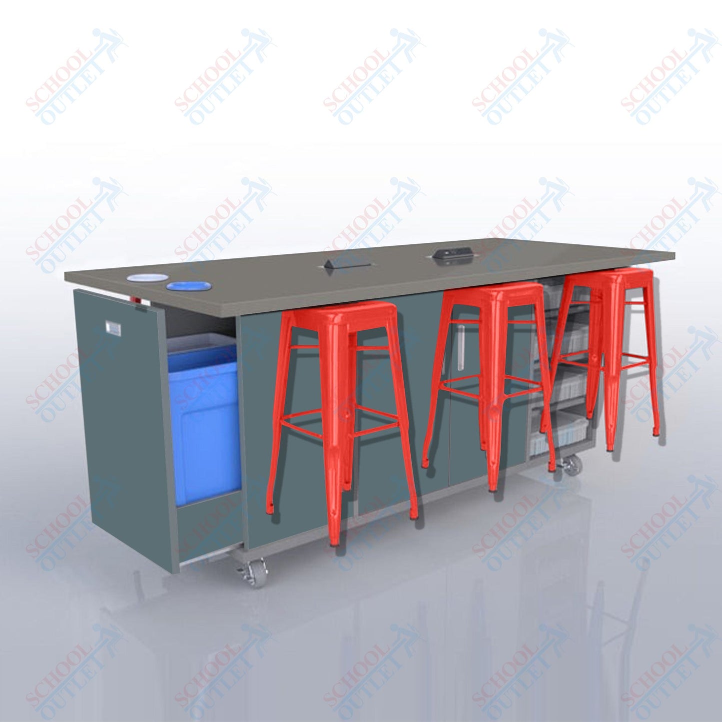 CEF ED Original Table 42"H High Pressure Laminate Top, Laminate Base with  6 Stools, Storage Bins, Trash Bins, and Electrical Outlets Included.