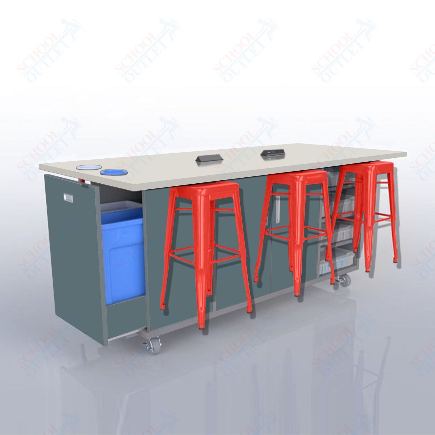 CEF ED Original Table 42"H High Pressure Laminate Top, Laminate Base with  6 Stools, Storage Bins, Trash Bins, and Electrical Outlets Included.