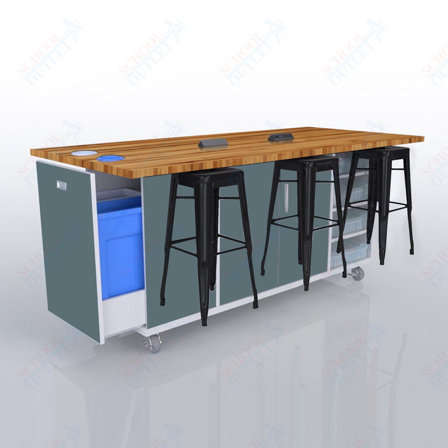 CEF ED Original Table 42"H Butcher Block Top, Laminate Base with  6 Stools, Storage Bins, Trash Bins, and Electrical Outlets Included.