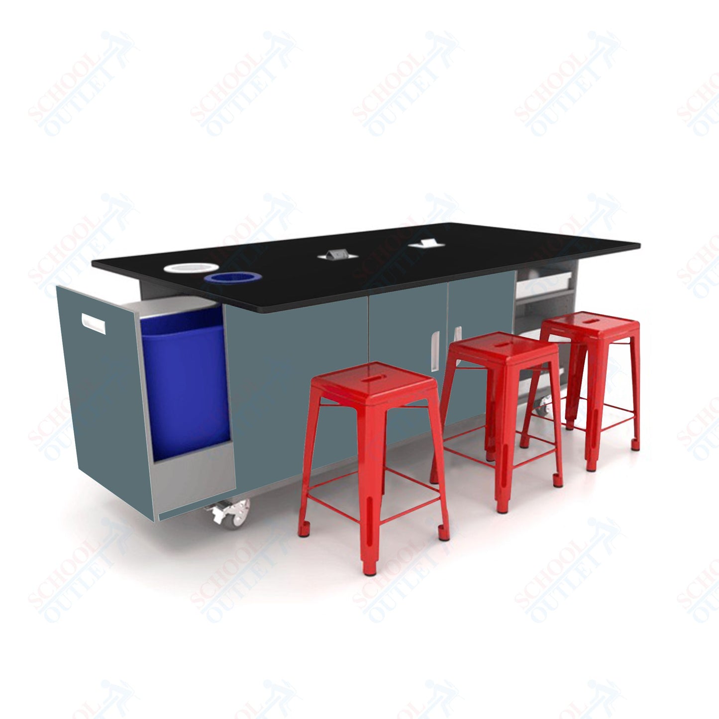 CEF ED Original Table 42"H Tough Top, Laminate Base with 6 Stools, Storage Bins, Trash Bins, and Electrical Outlets Included. - SchoolOutlet