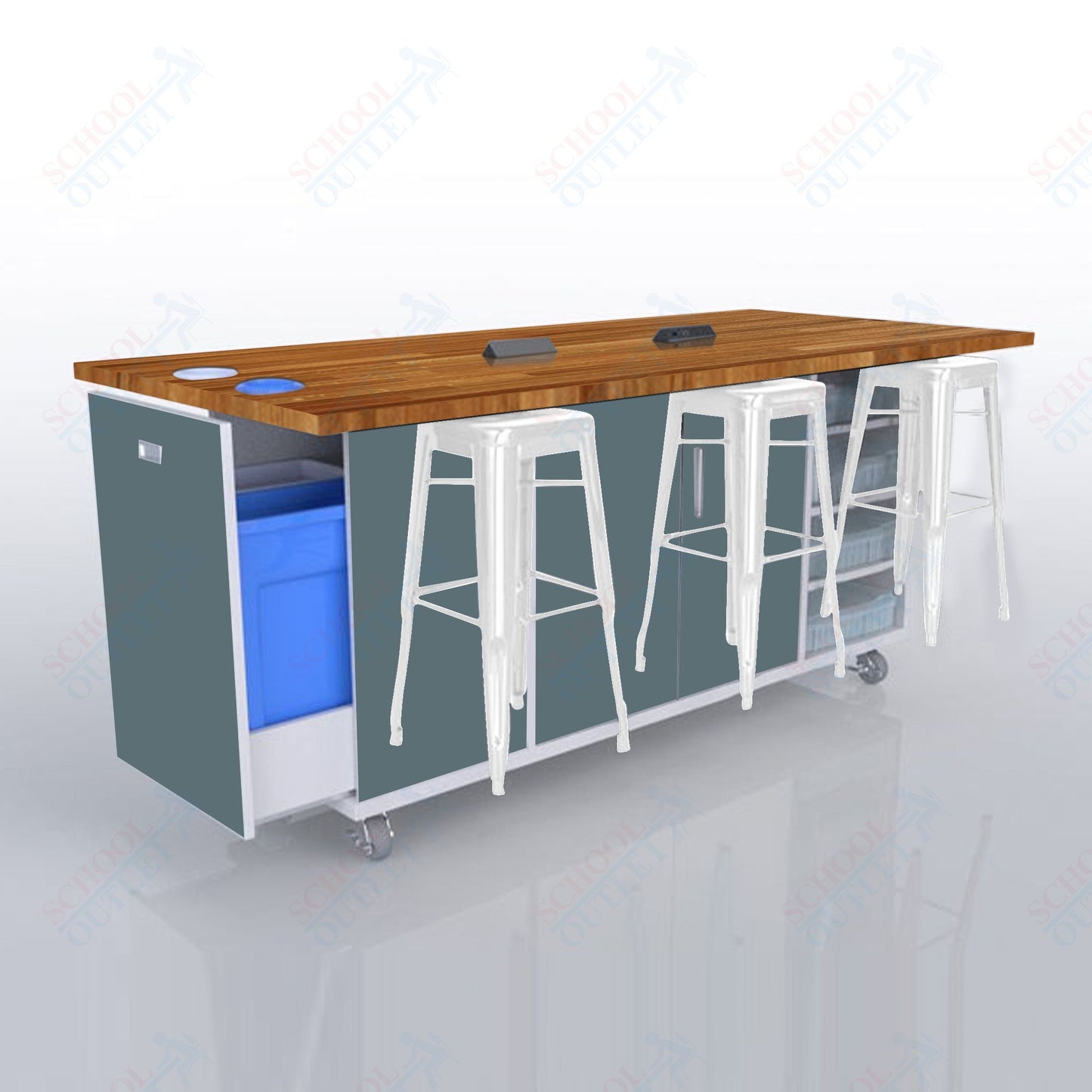 CEF ED Original Table 42"H Butcher Block Top, Laminate Base with  6 Stools, Storage Bins, Trash Bins, and Electrical Outlets Included.