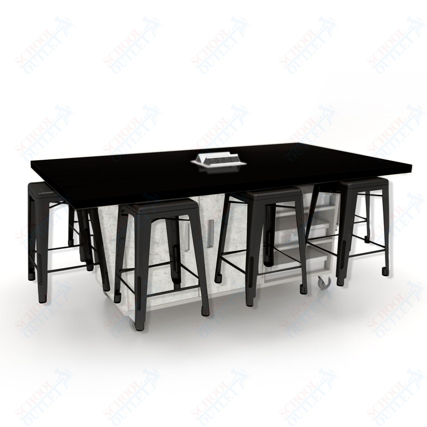 CEF ED8 Table 36"H High Pressure Laminate Top, Laminate Base with  8 Stools, Storage bins, and Electrical Outlets Included.