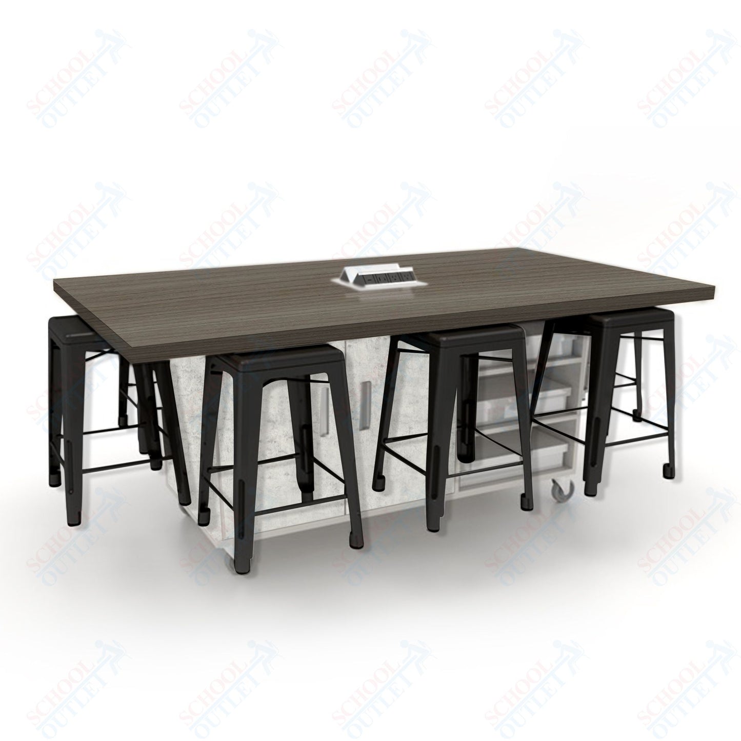 CEF ED8 Table 36"H High Pressure Laminate Top, Laminate Base with  8 Stools, Storage bins, and Electrical Outlets Included.