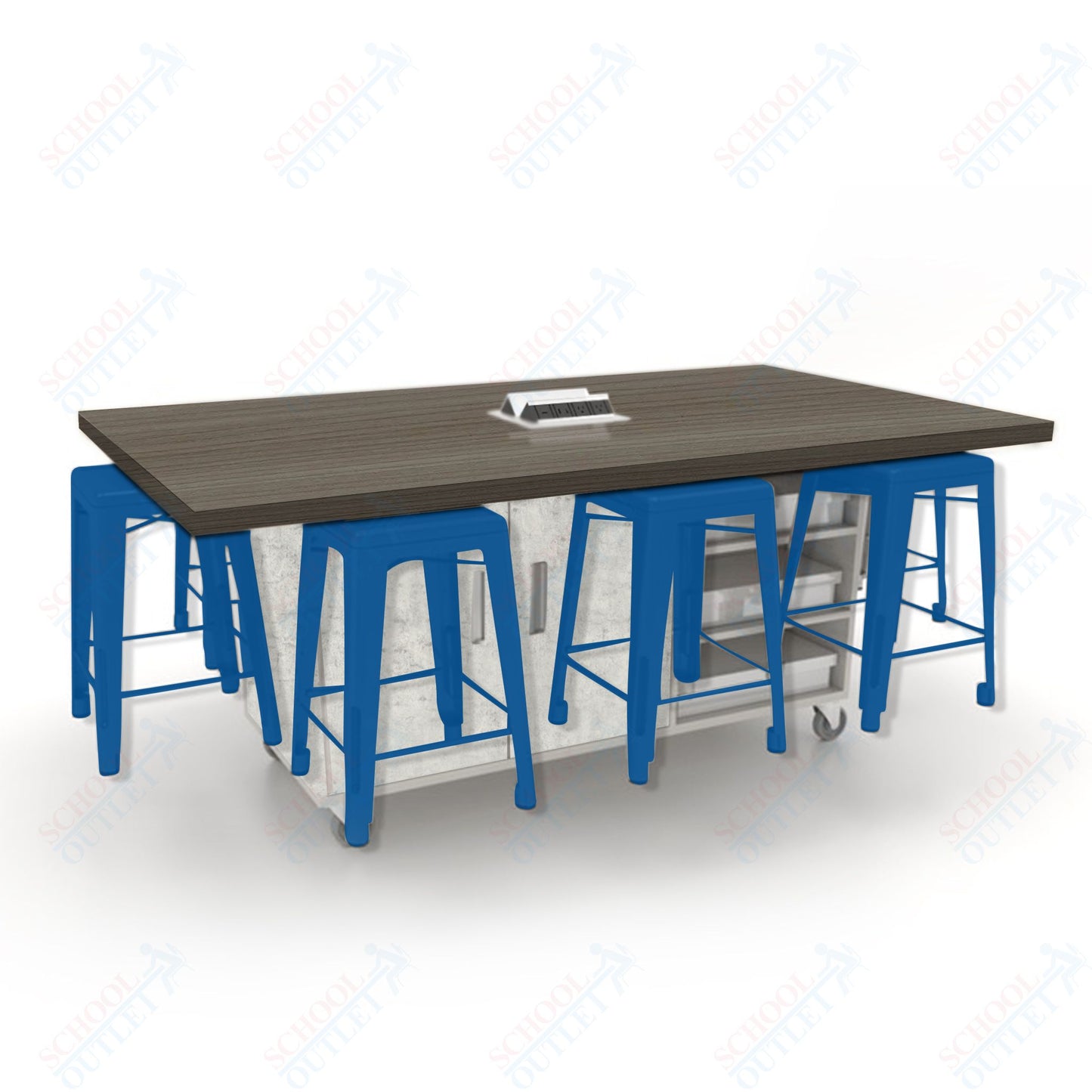 CEF ED8 Table 36"H High Pressure Laminate Top, Laminate Base with  8 Stools, Storage bins, and Electrical Outlets Included.